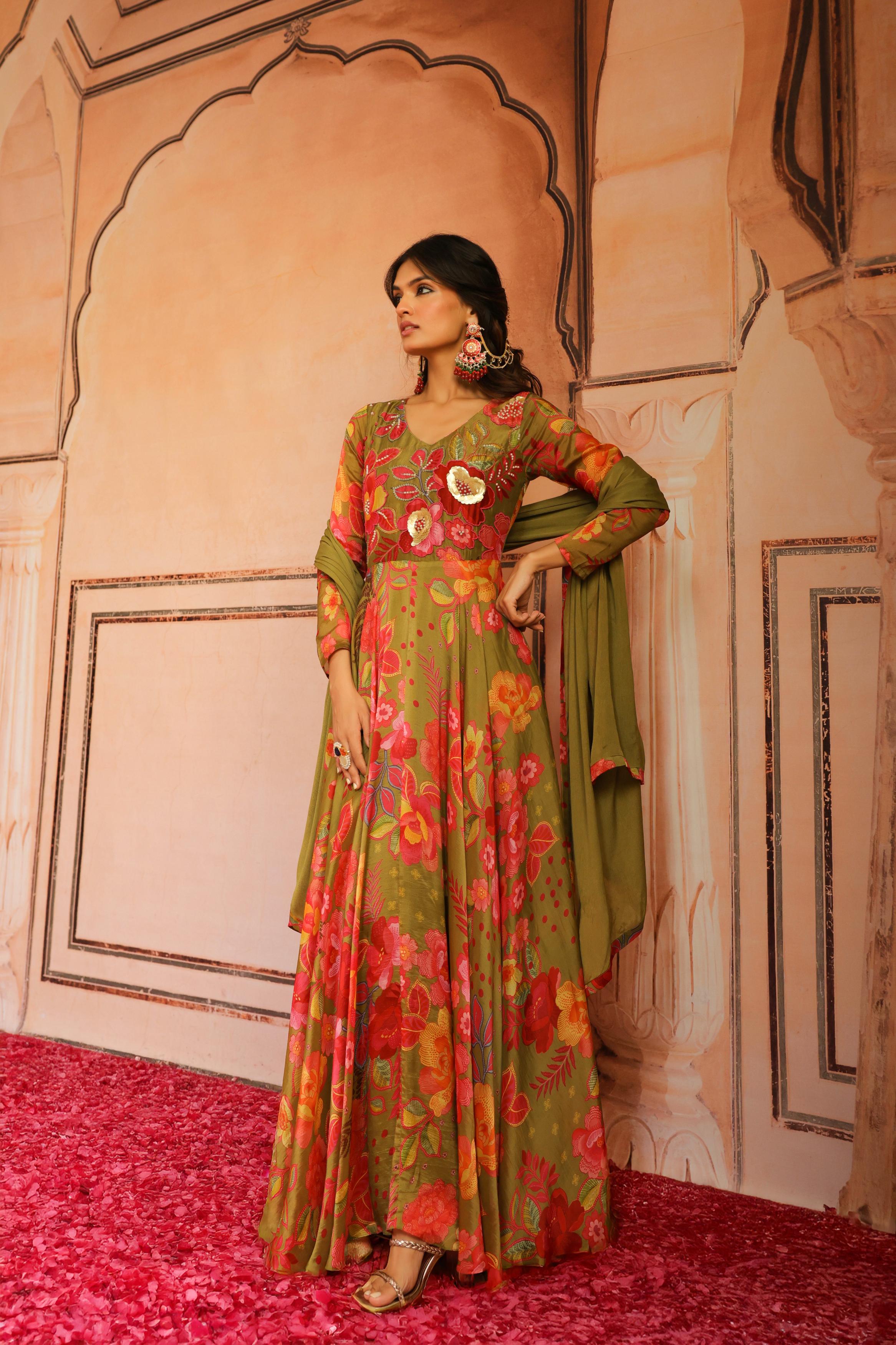 Multicolor Printed Glans Organza Silk Anarkali Set