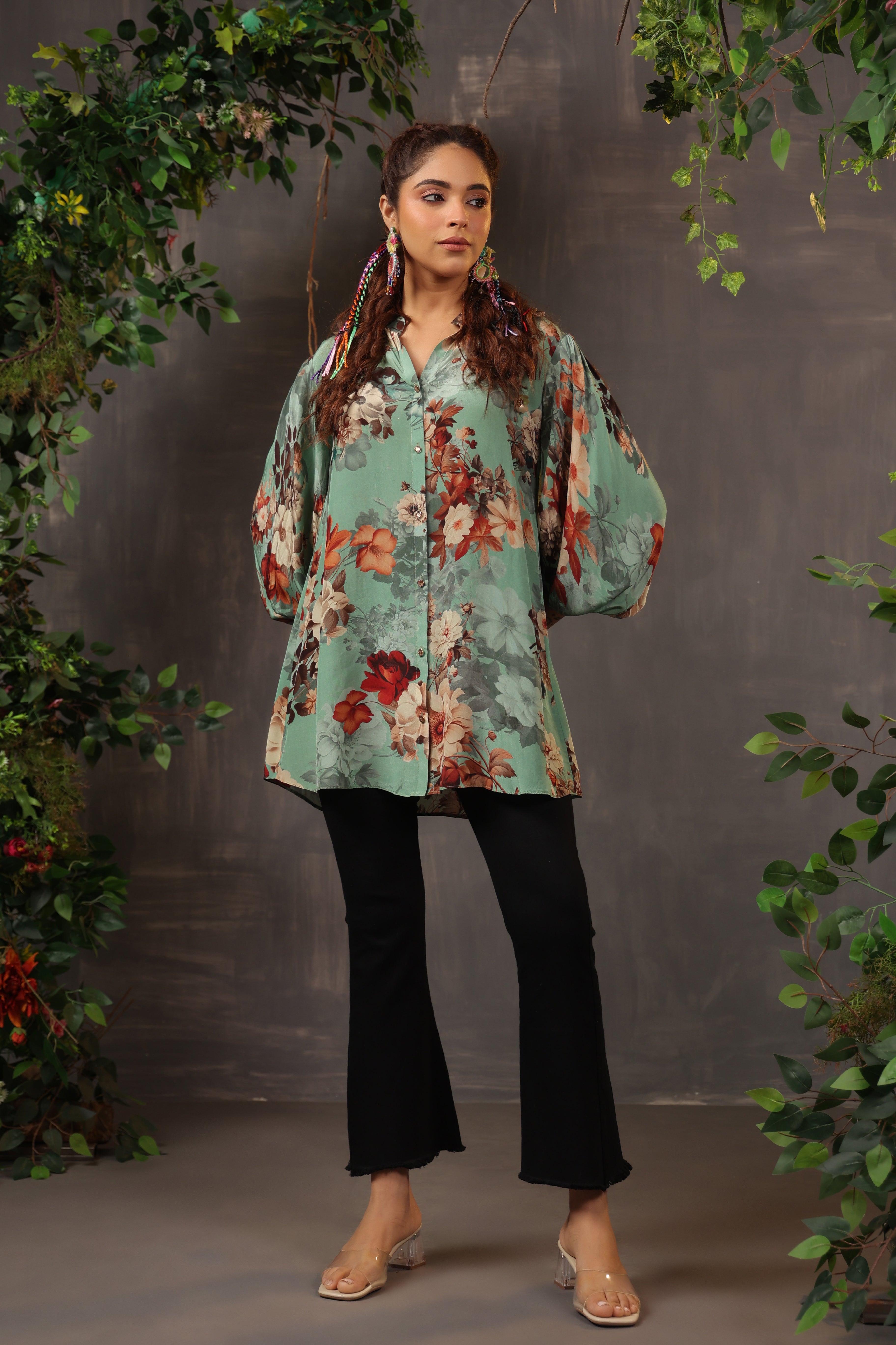 Dusty Teal Floral Printed Crepe Silk Shirt