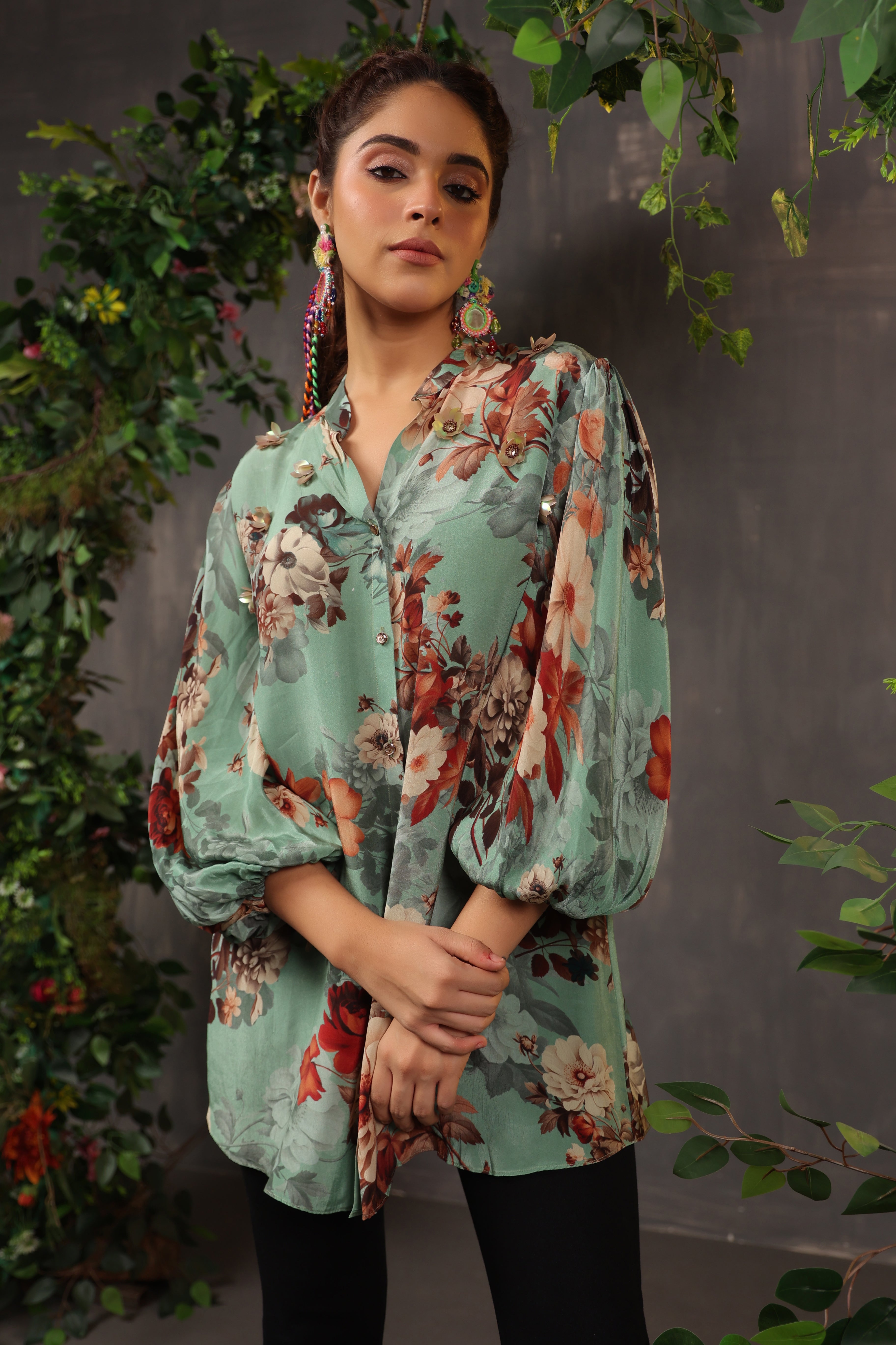 Dusty Teal Floral Printed Crepe Silk Shirt