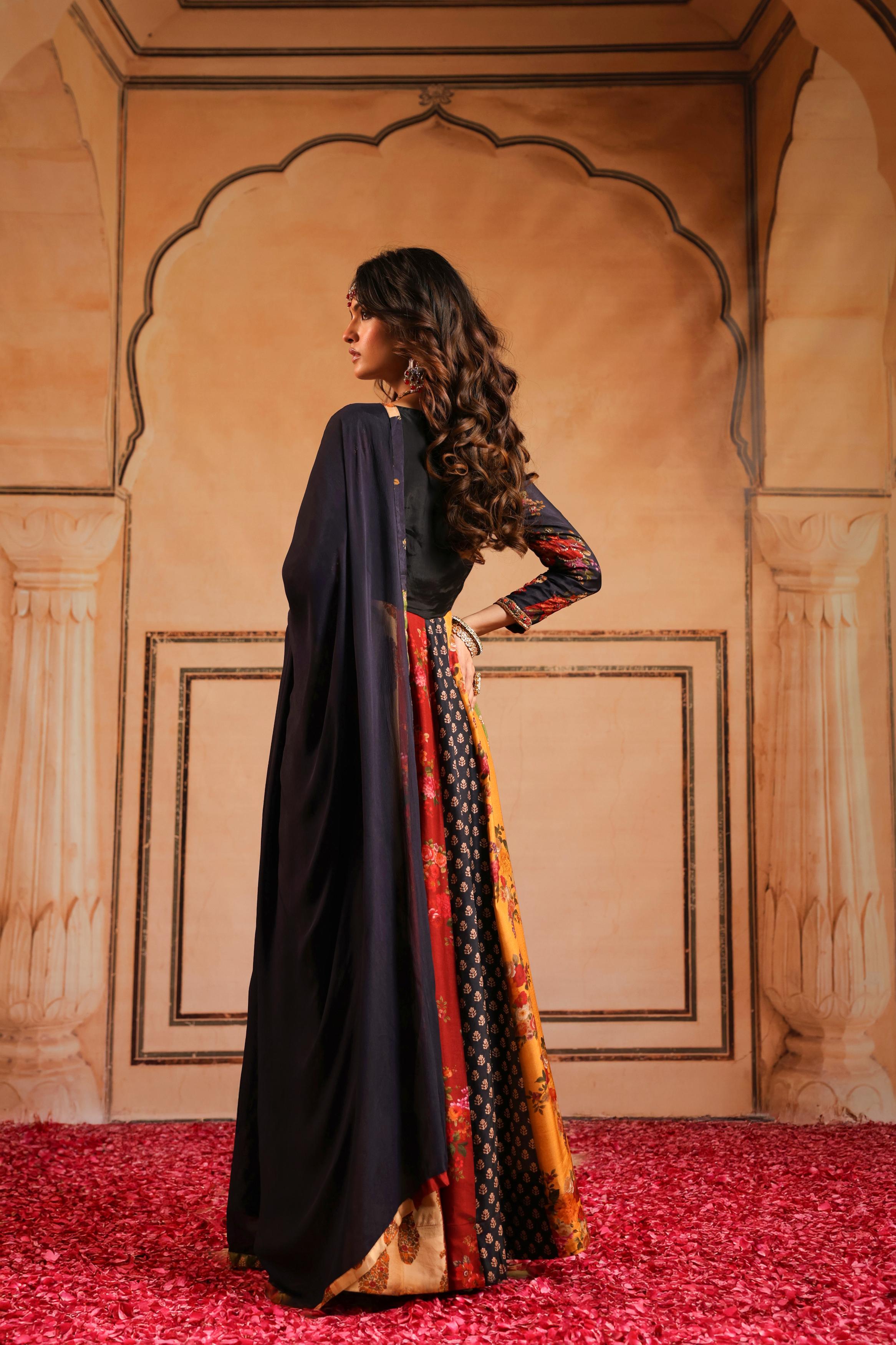 Black Printed Dola Silk Anarkali Set