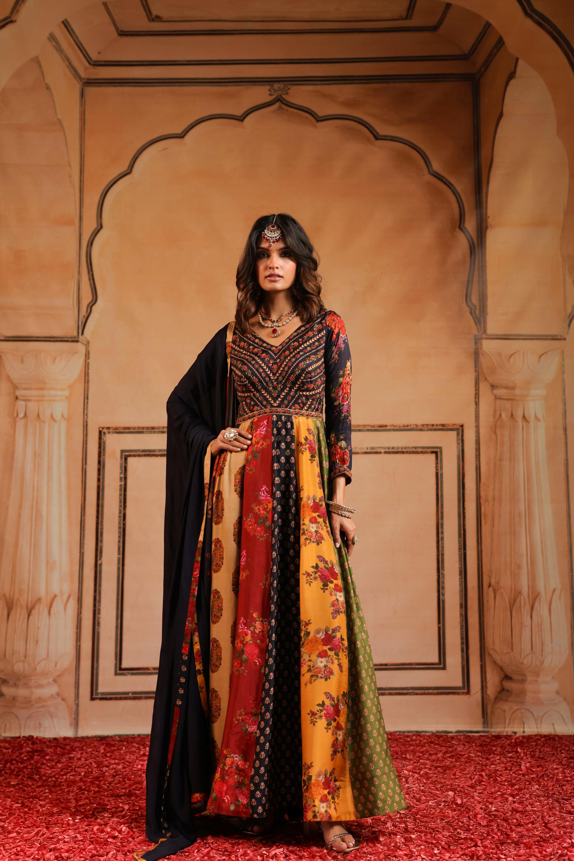 Black Printed Dola Silk Anarkali Set