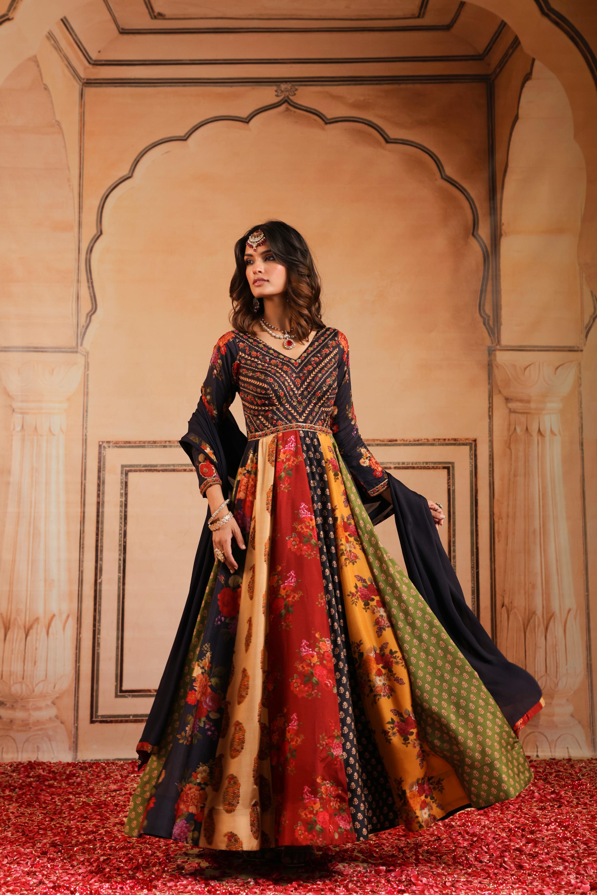 Black Printed Dola Silk Anarkali Set