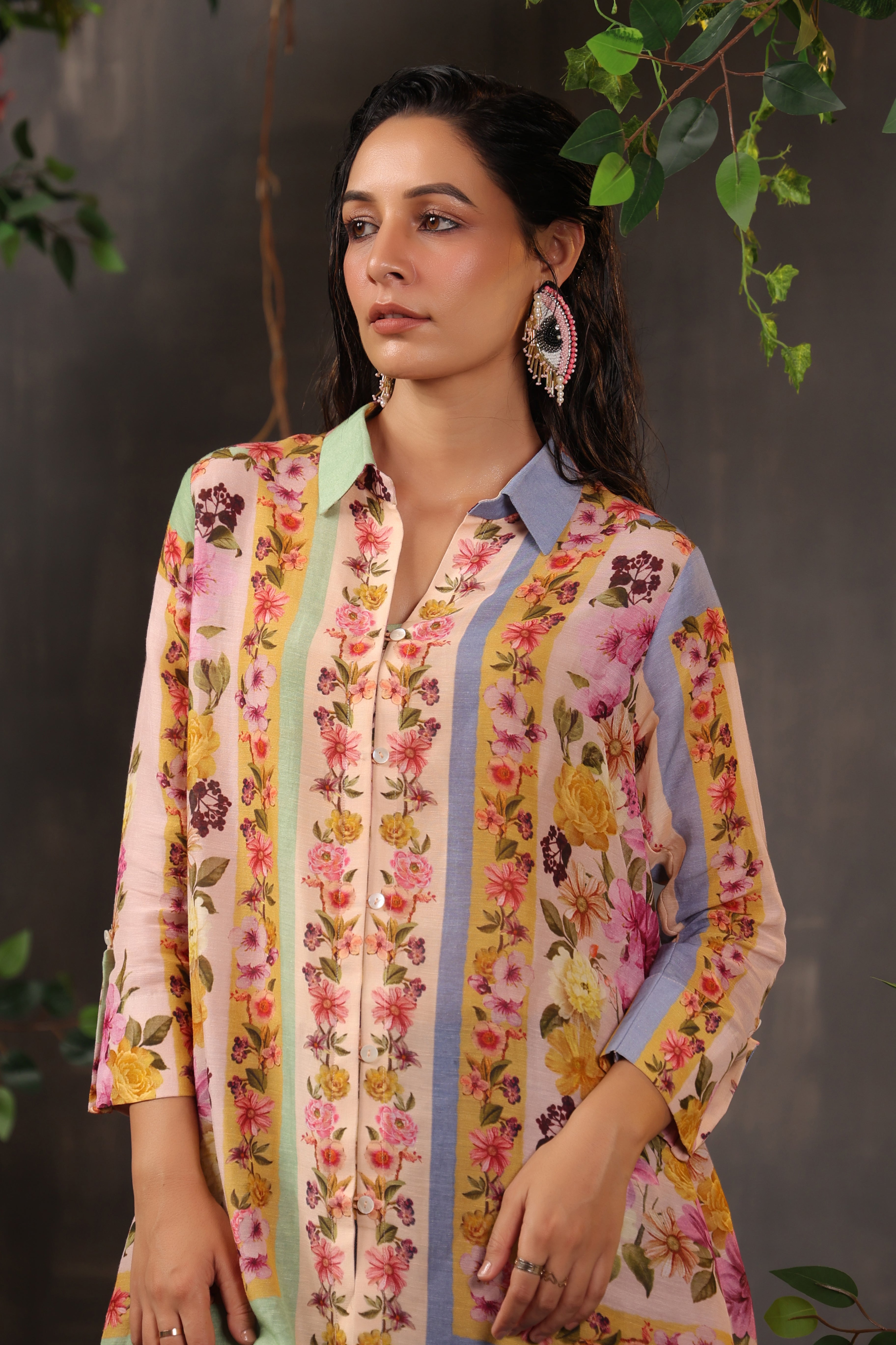 Light Peach Floral Printed Modal Linen Silk Shirt