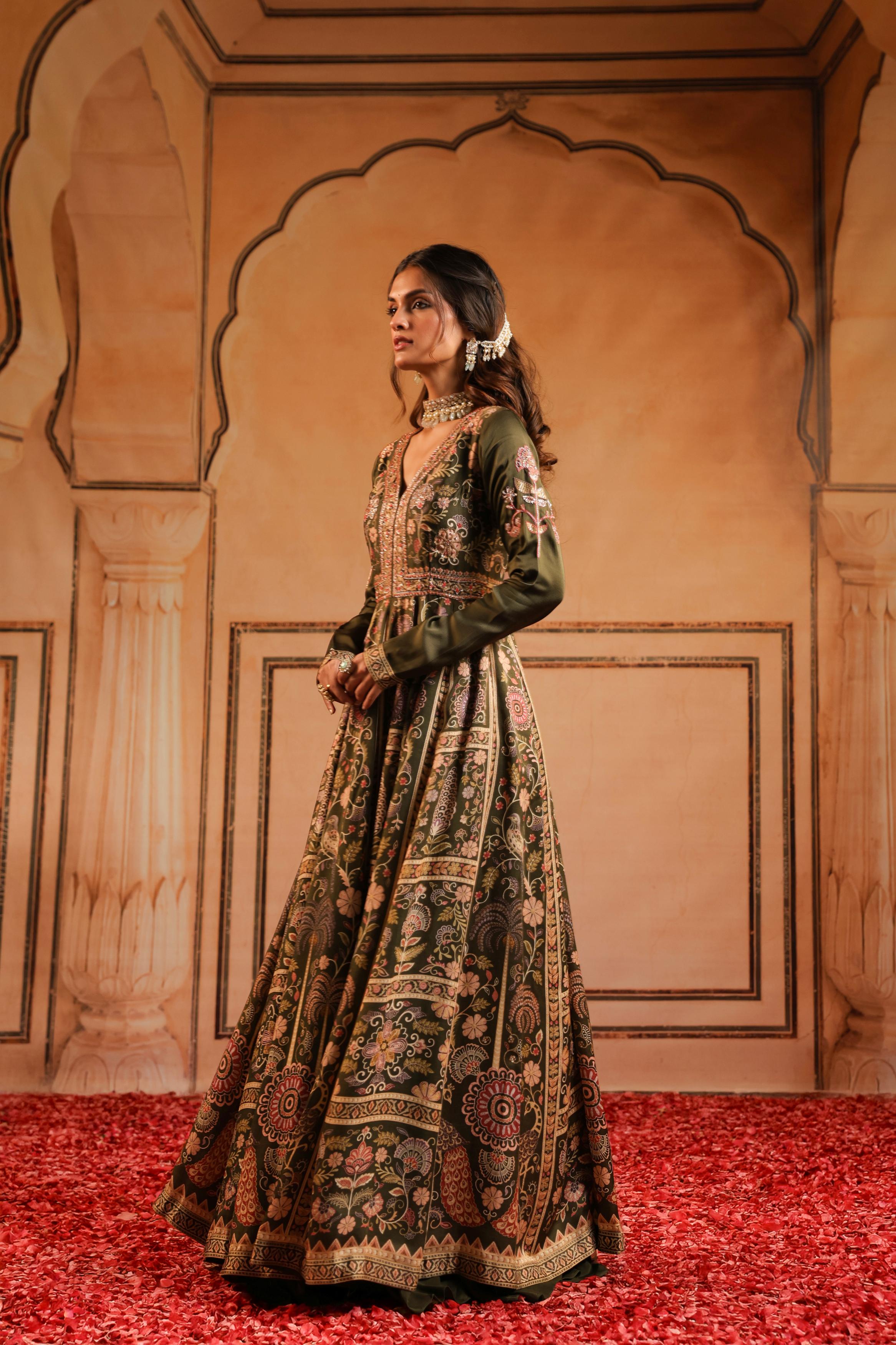 Olive Green Printed Linen Satin Silk Anarkali Set