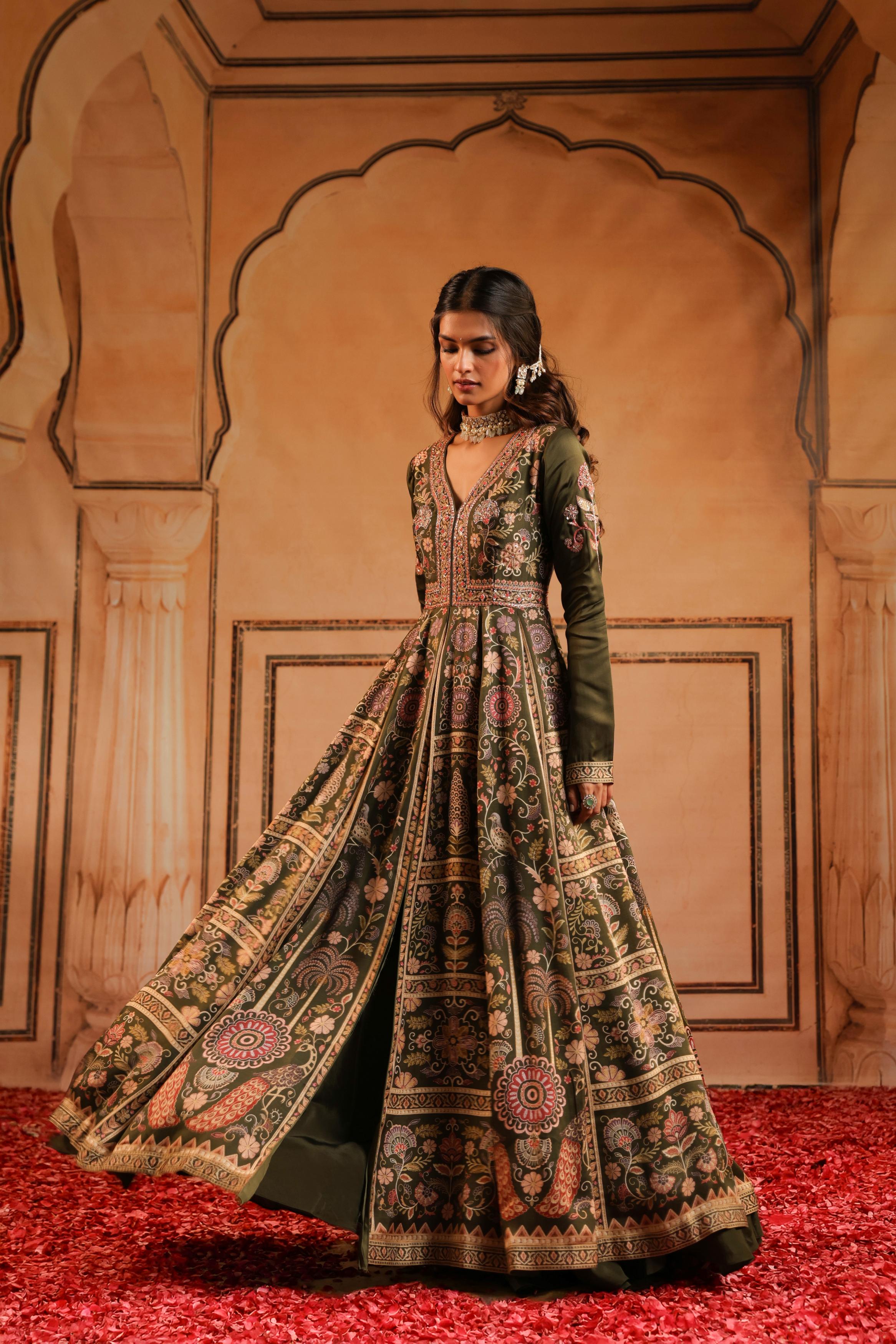 Olive Green Printed Linen Satin Silk Anarkali Set