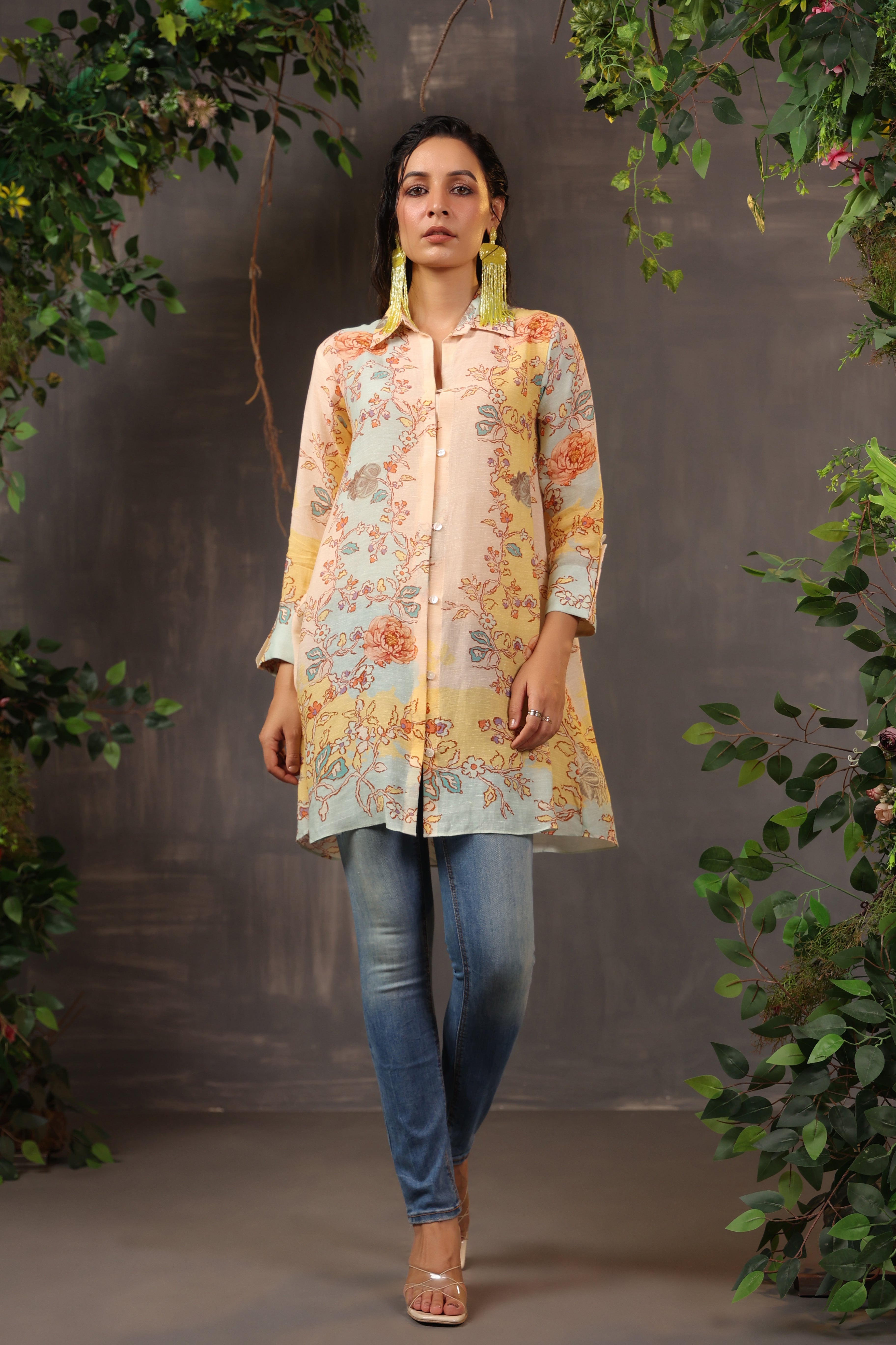 Light Peach Printed Modal Linen Silk Shirt