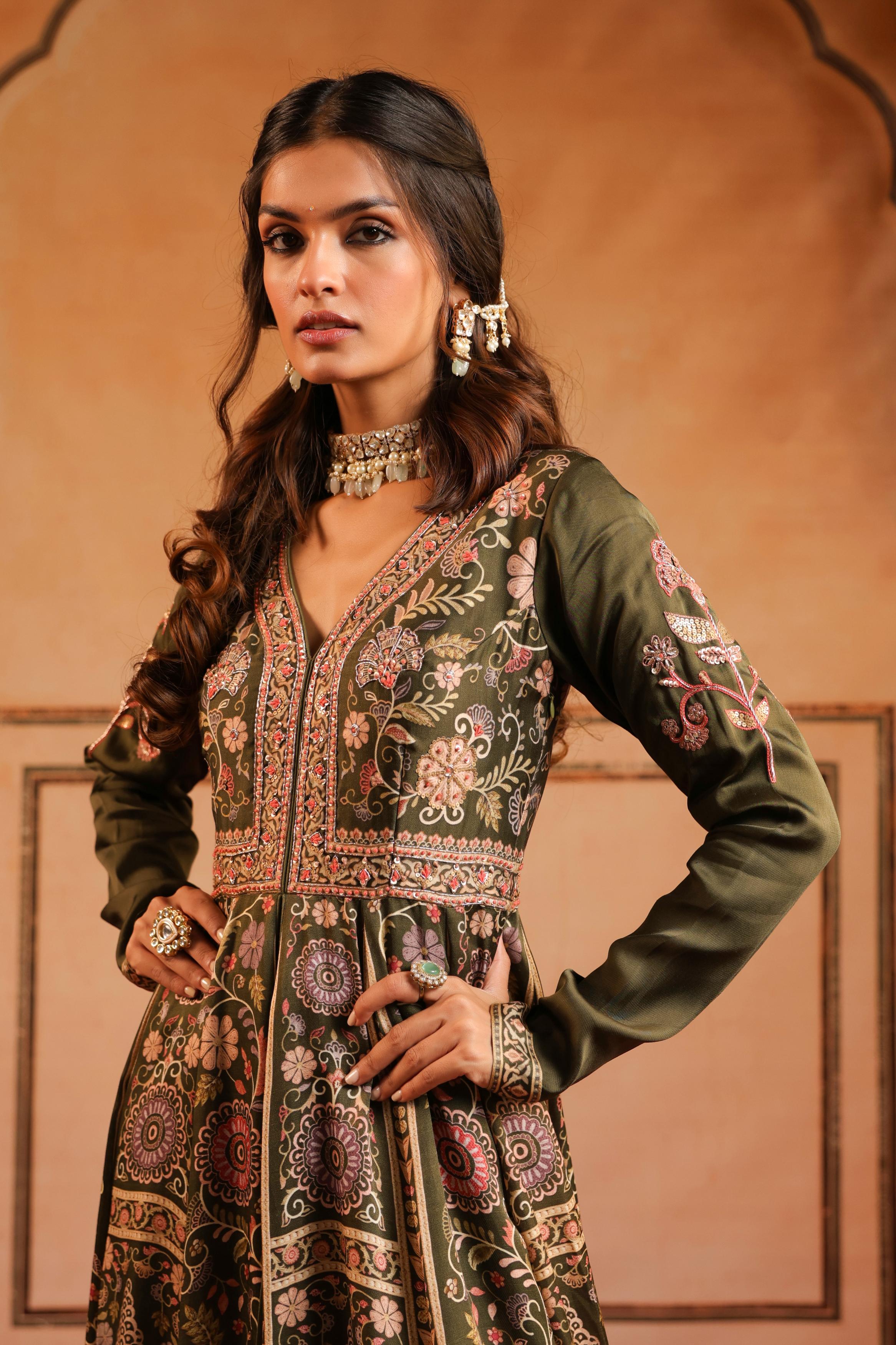 Olive Green Printed Linen Satin Silk Anarkali Set