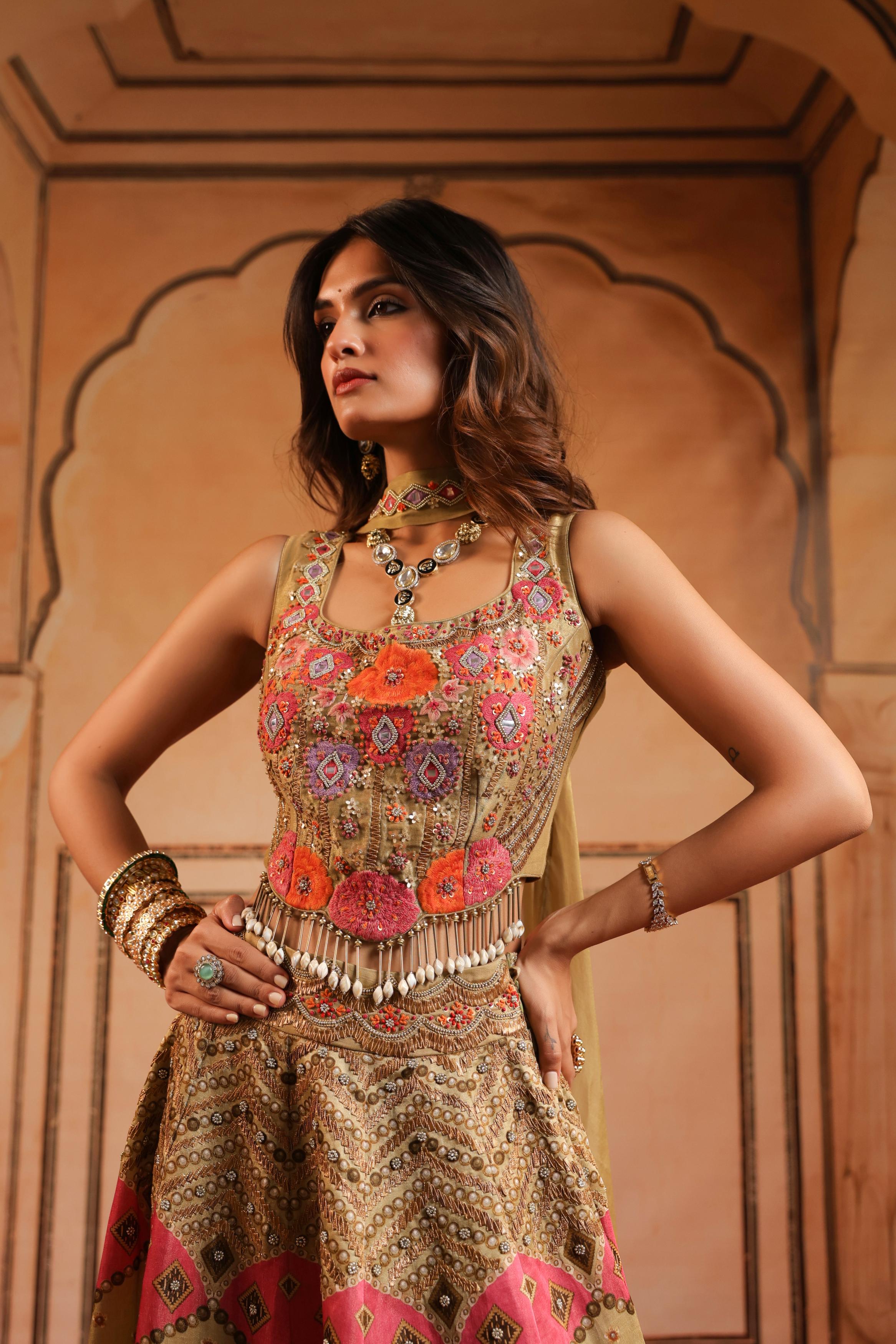 Champagne Gold Embellished Linen Satin Lehenga Set