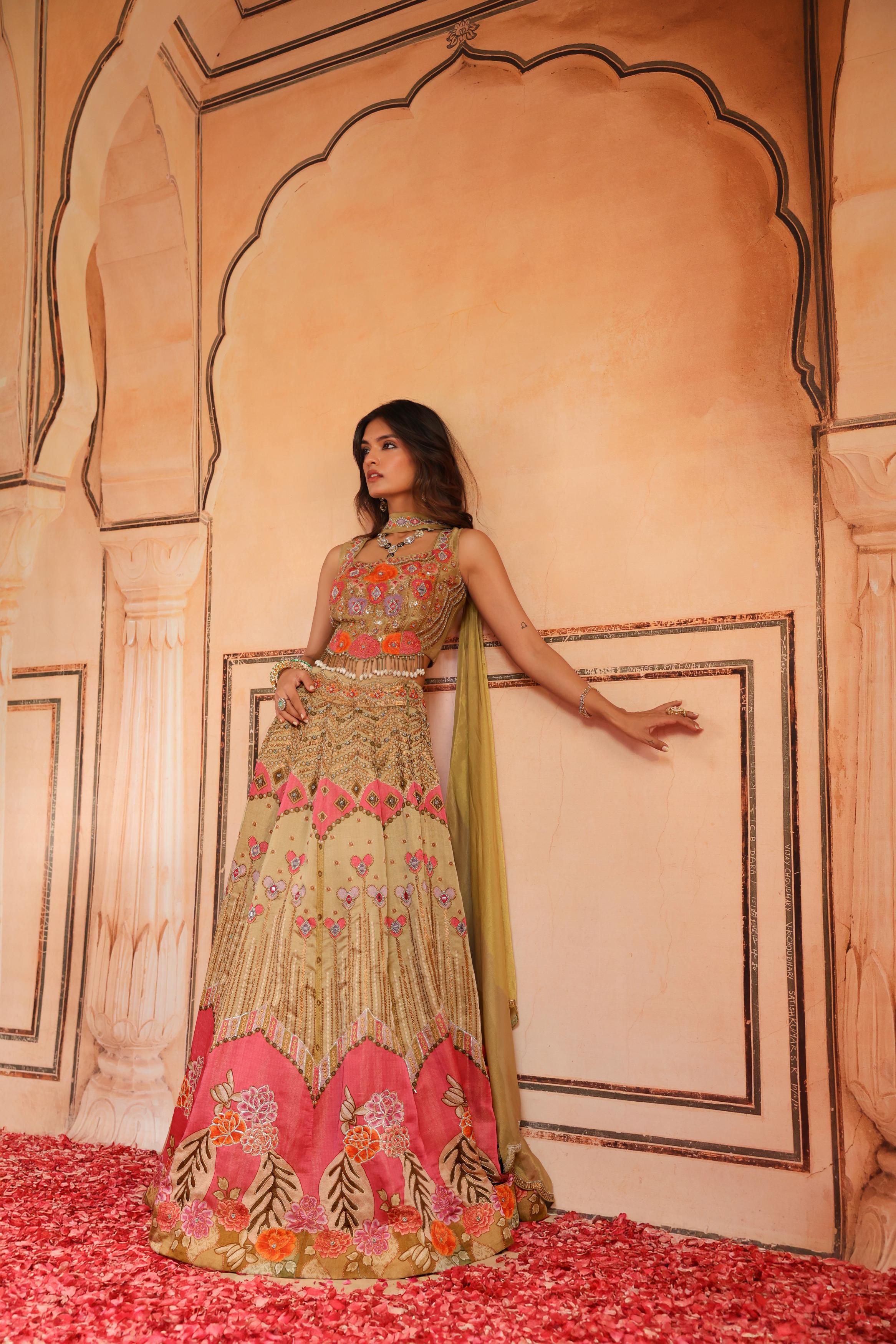 Champagne Gold Embellished Linen Satin Lehenga Set