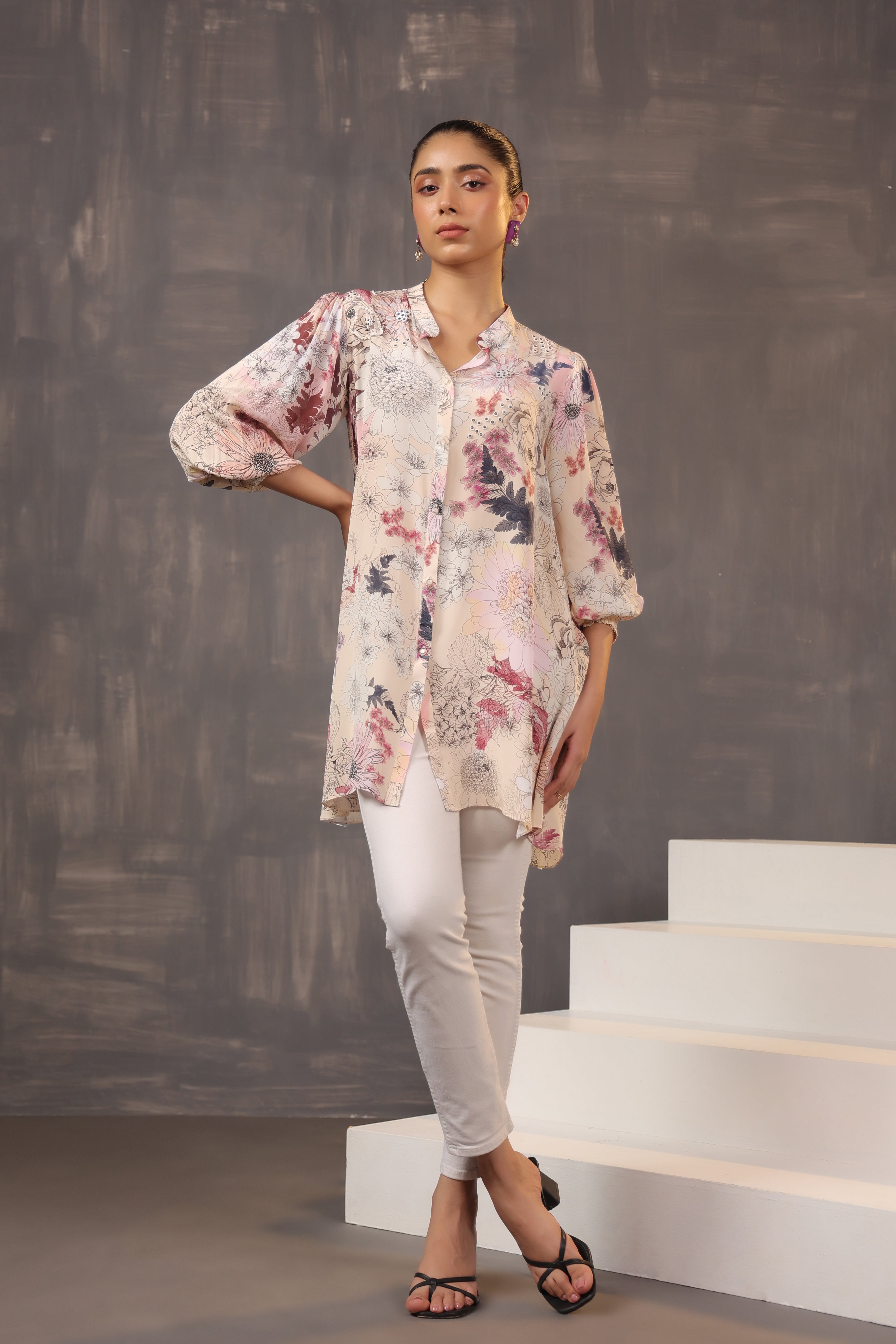 Misty Rose Floral Printed Crepe Silk Shirt