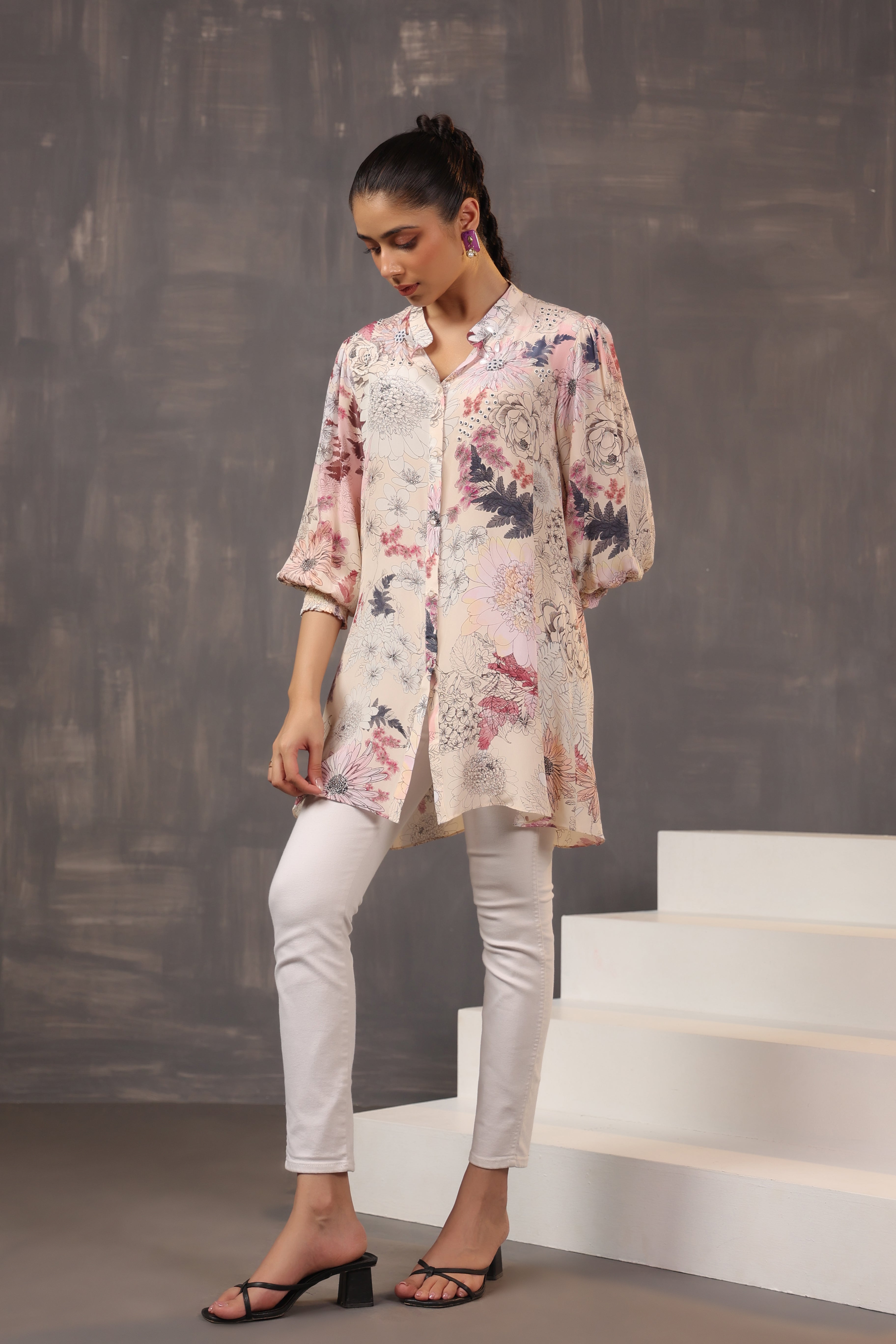 Misty Rose Floral Printed Crepe Silk Shirt