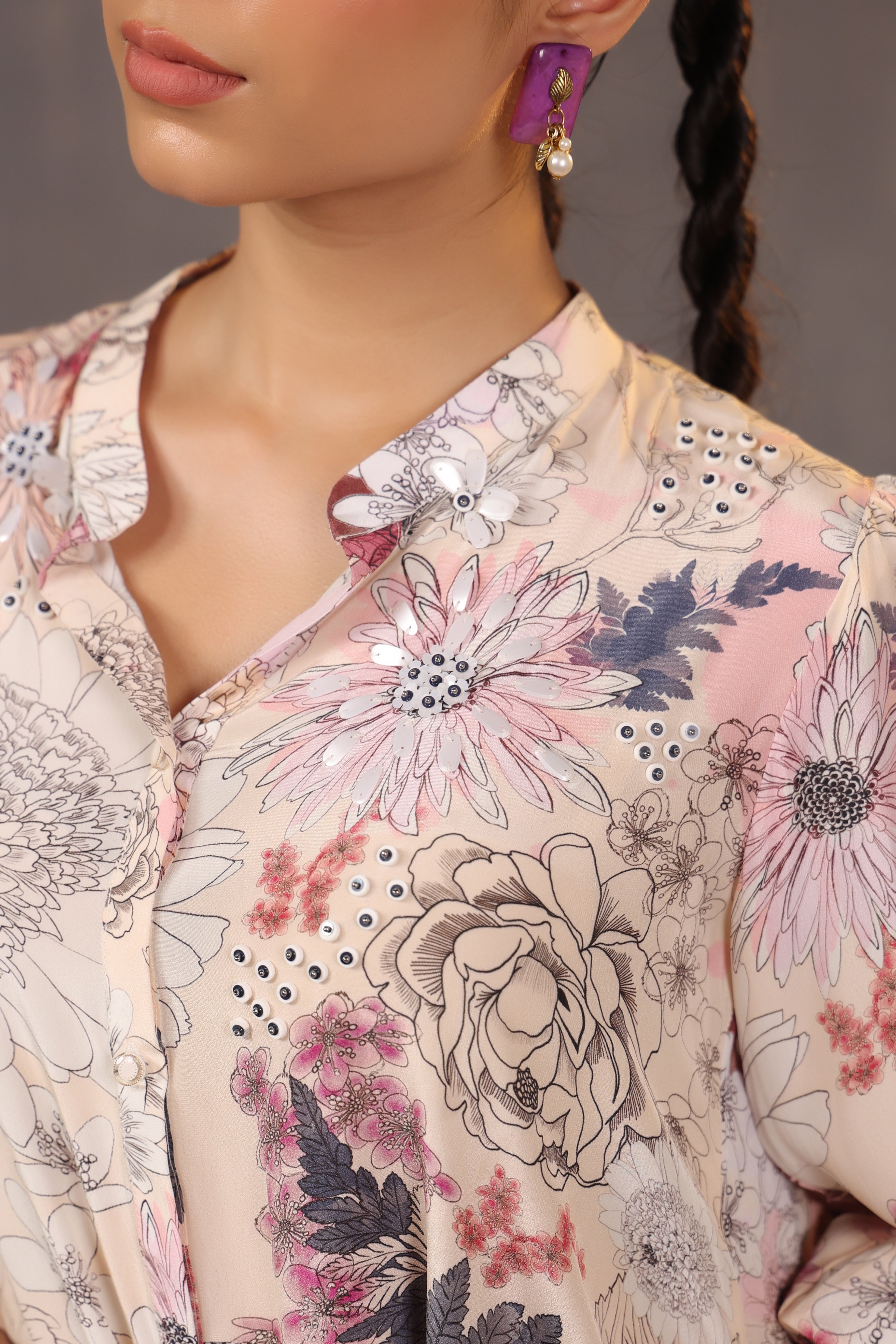 Misty Rose Floral Printed Crepe Silk Shirt