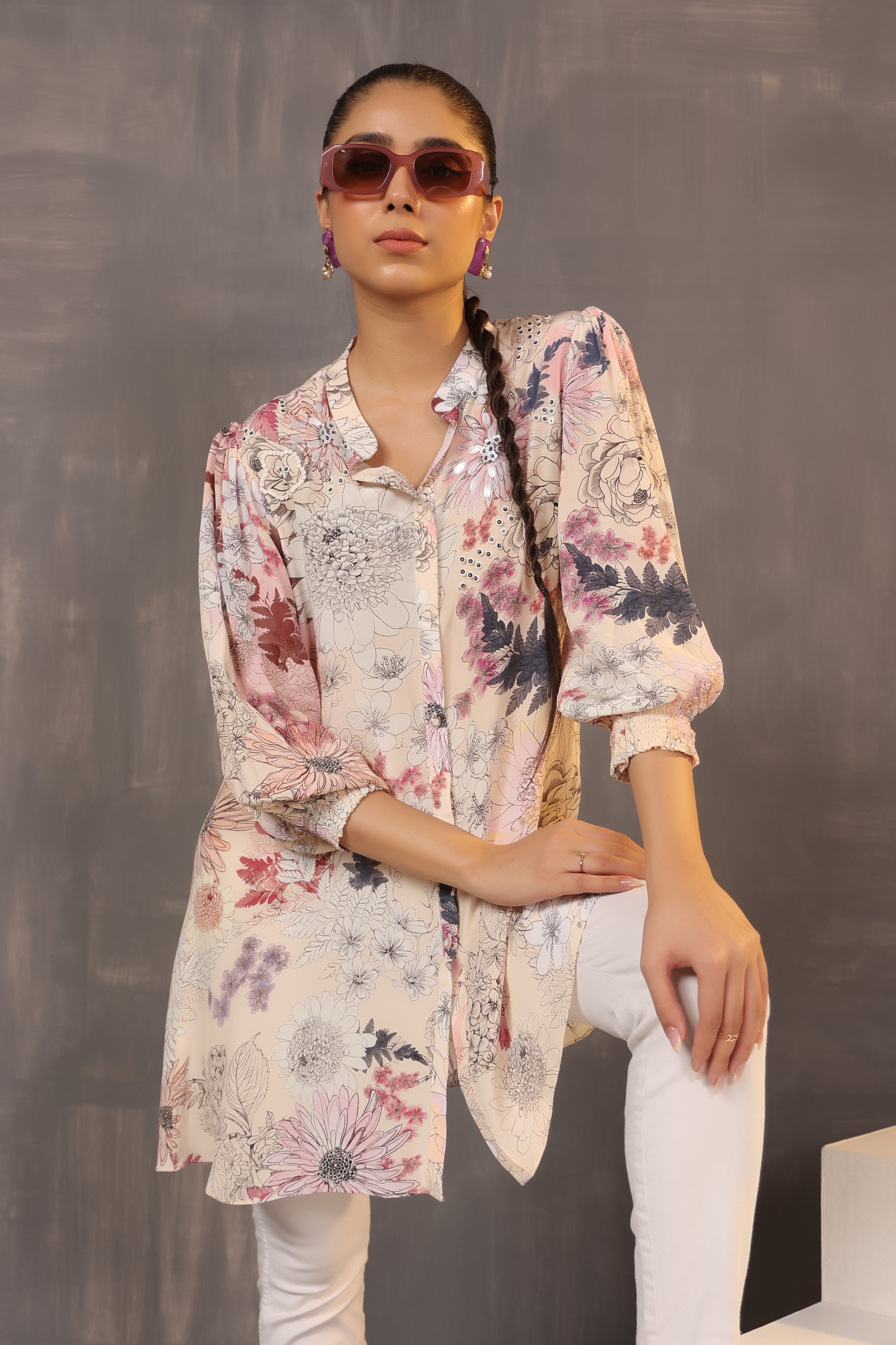 Misty Rose Floral Printed Crepe Silk Shirt