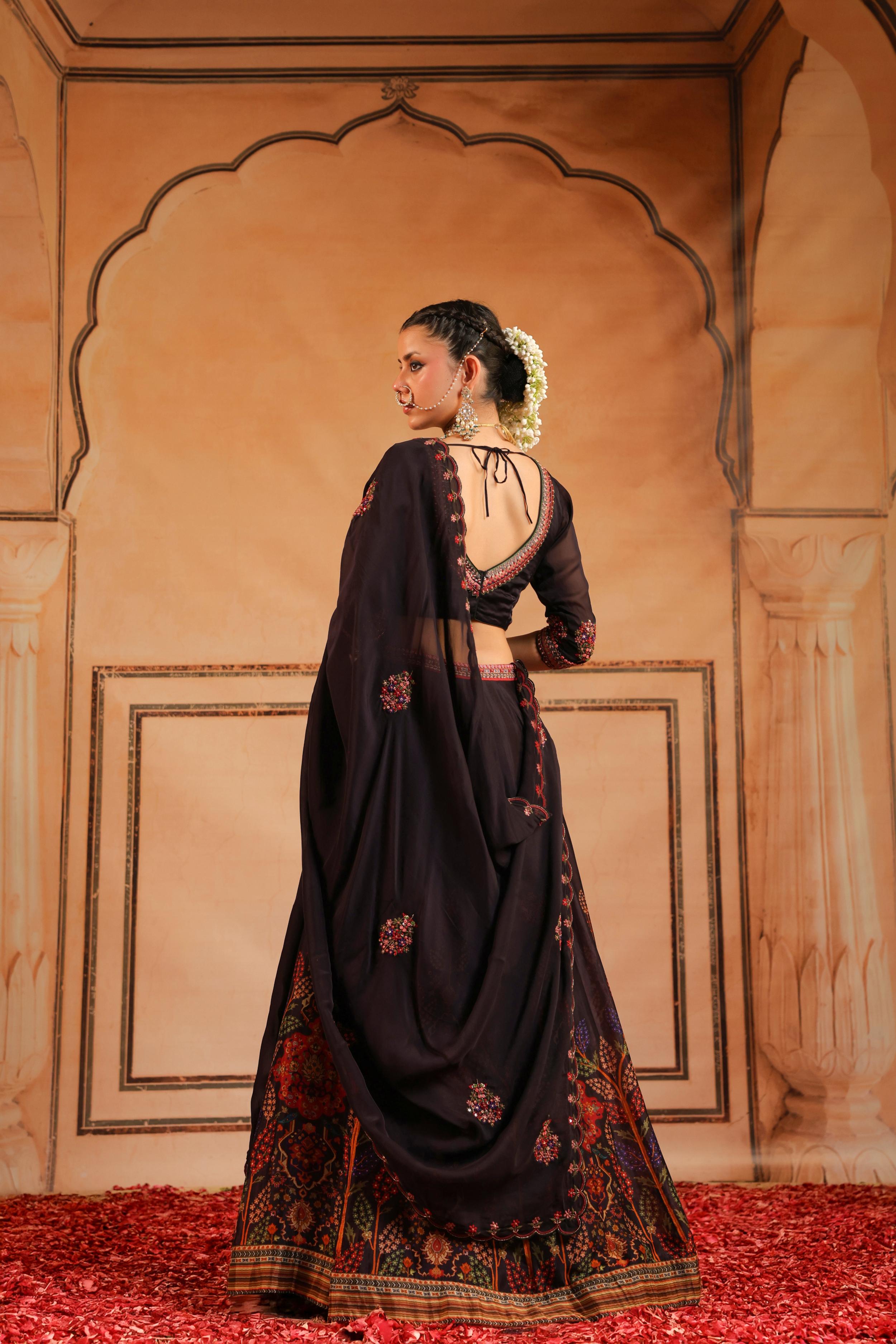 Black Embellished Organdi Silk Lehenga Set
