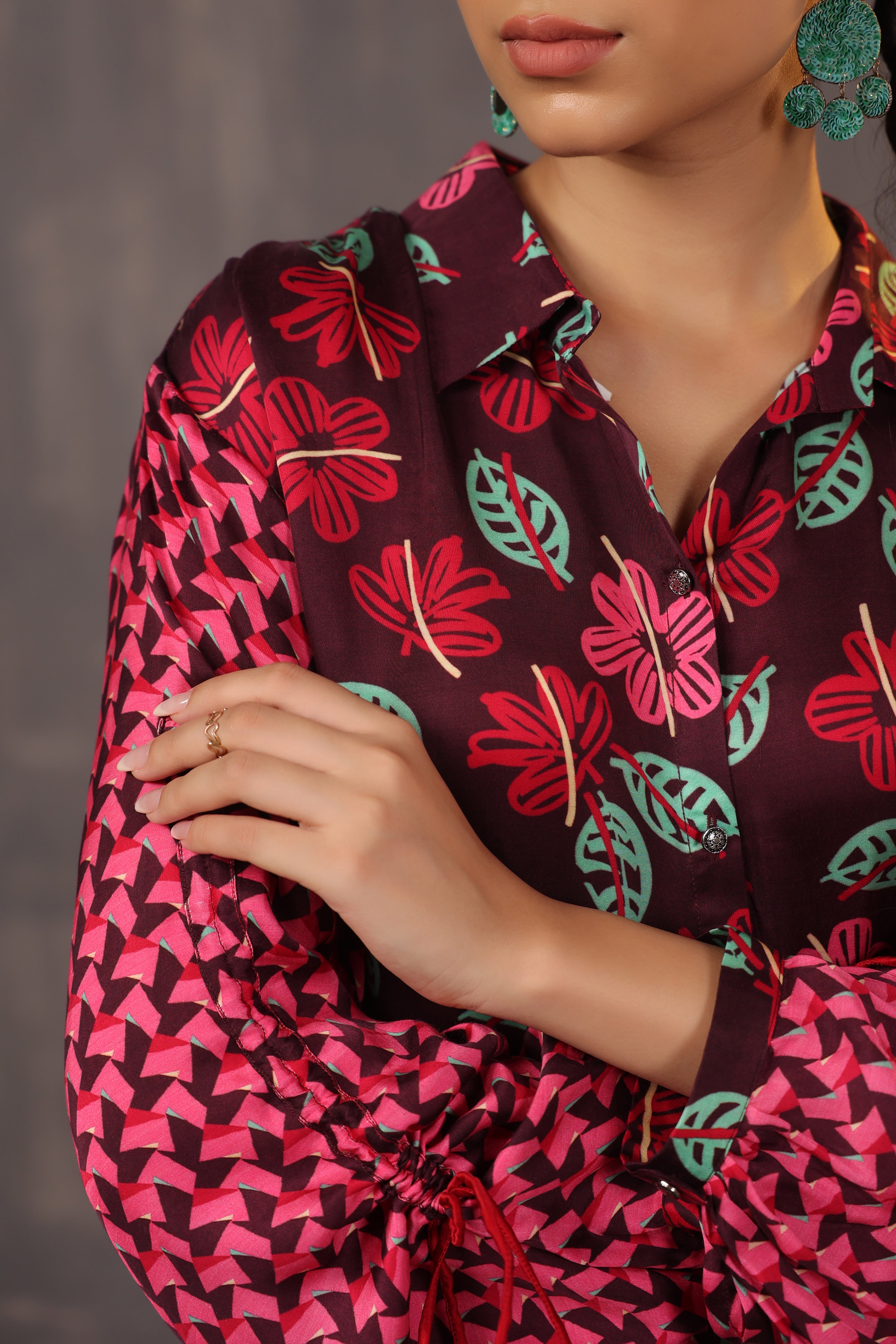 Burgundy Ethnic Printed Crepe Silk Shirt