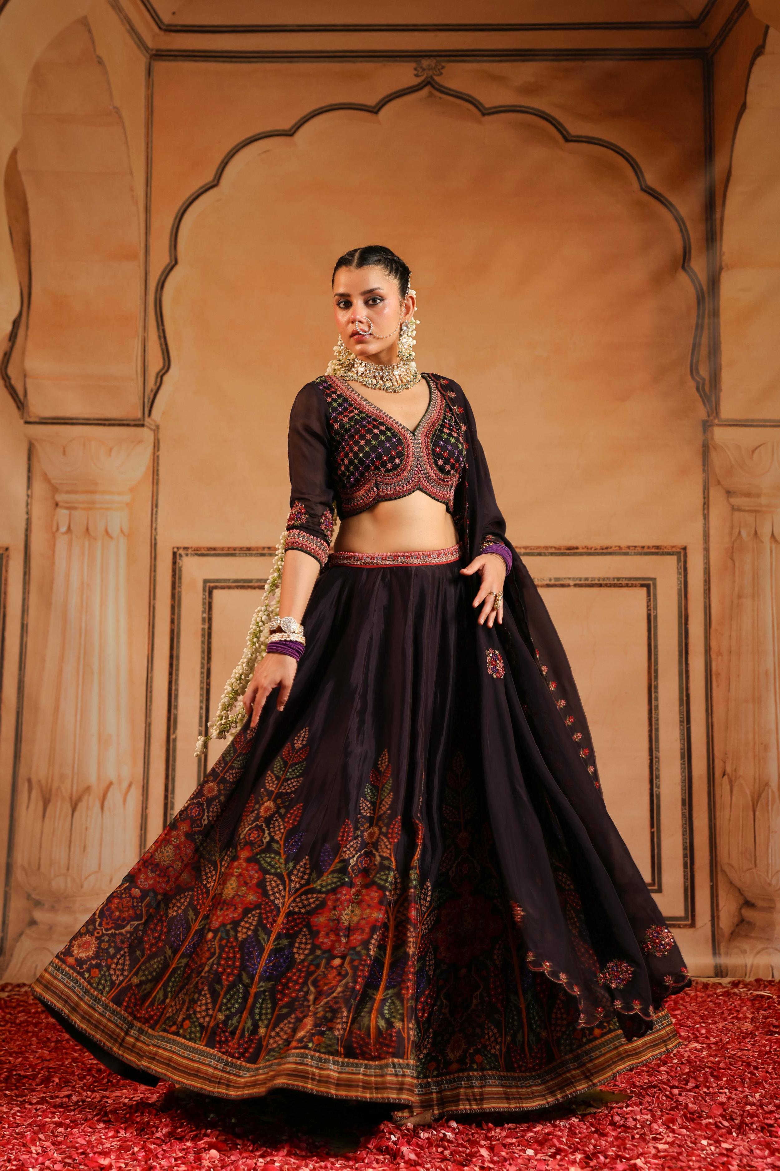 Black Embellished Organdi Silk Lehenga Set