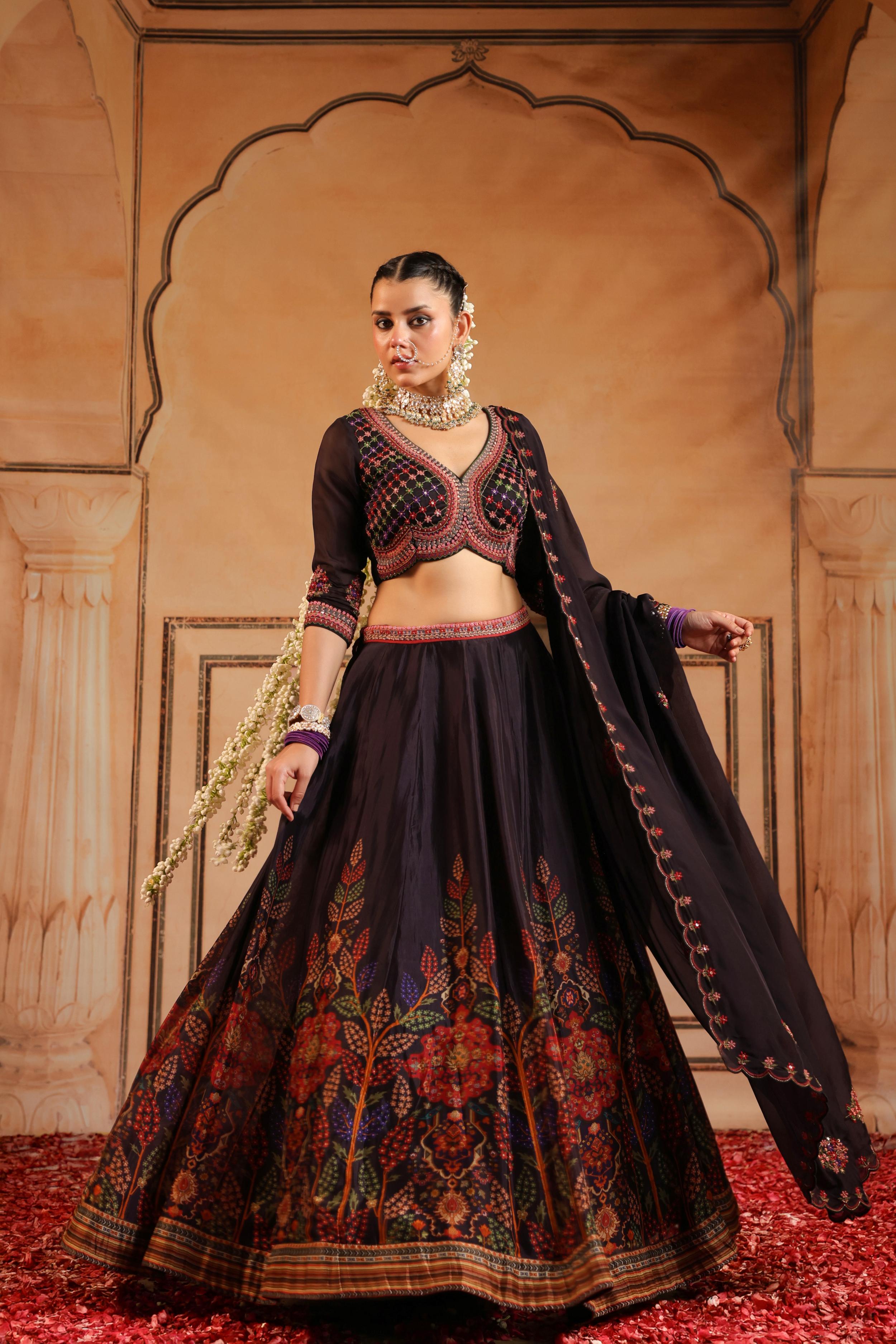 Black Embellished Organdi Silk Lehenga Set