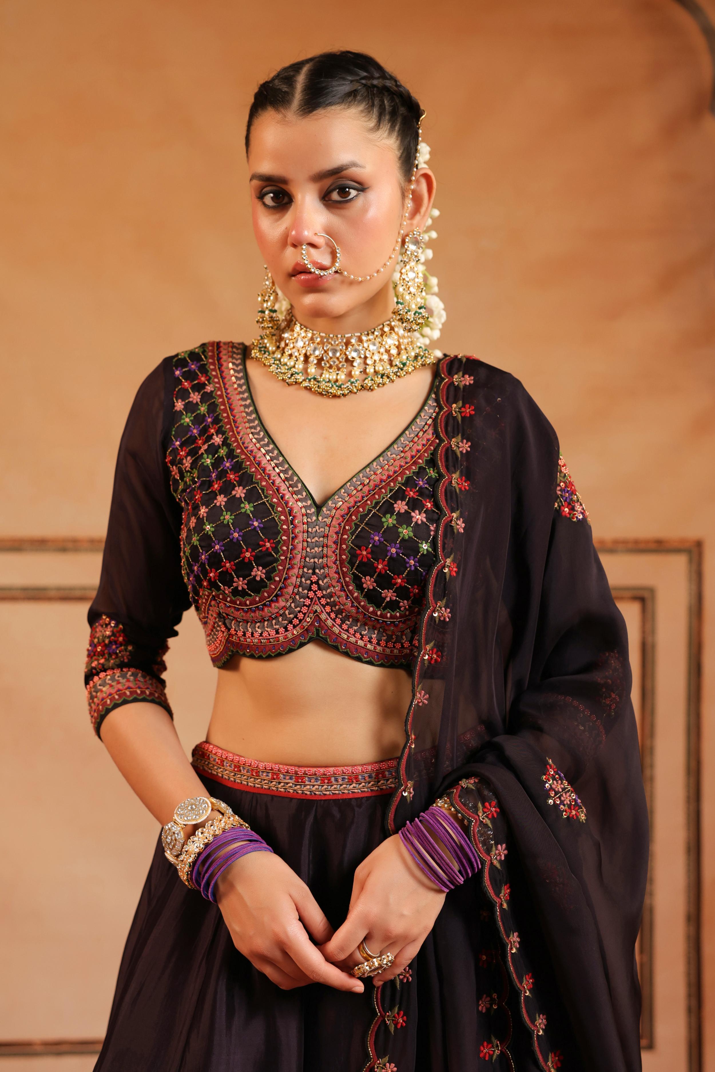 Black Embellished Organdi Silk Lehenga Set
