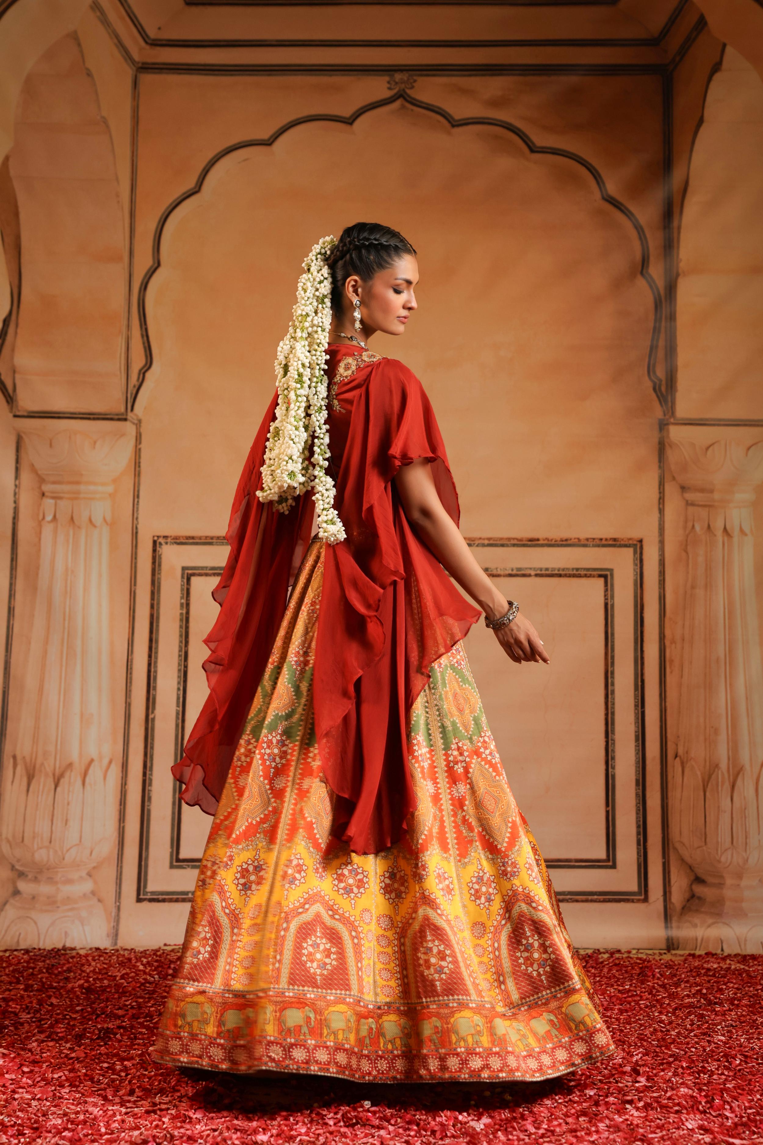 Multicolor Printed Satin Linen Silk Skirt Set