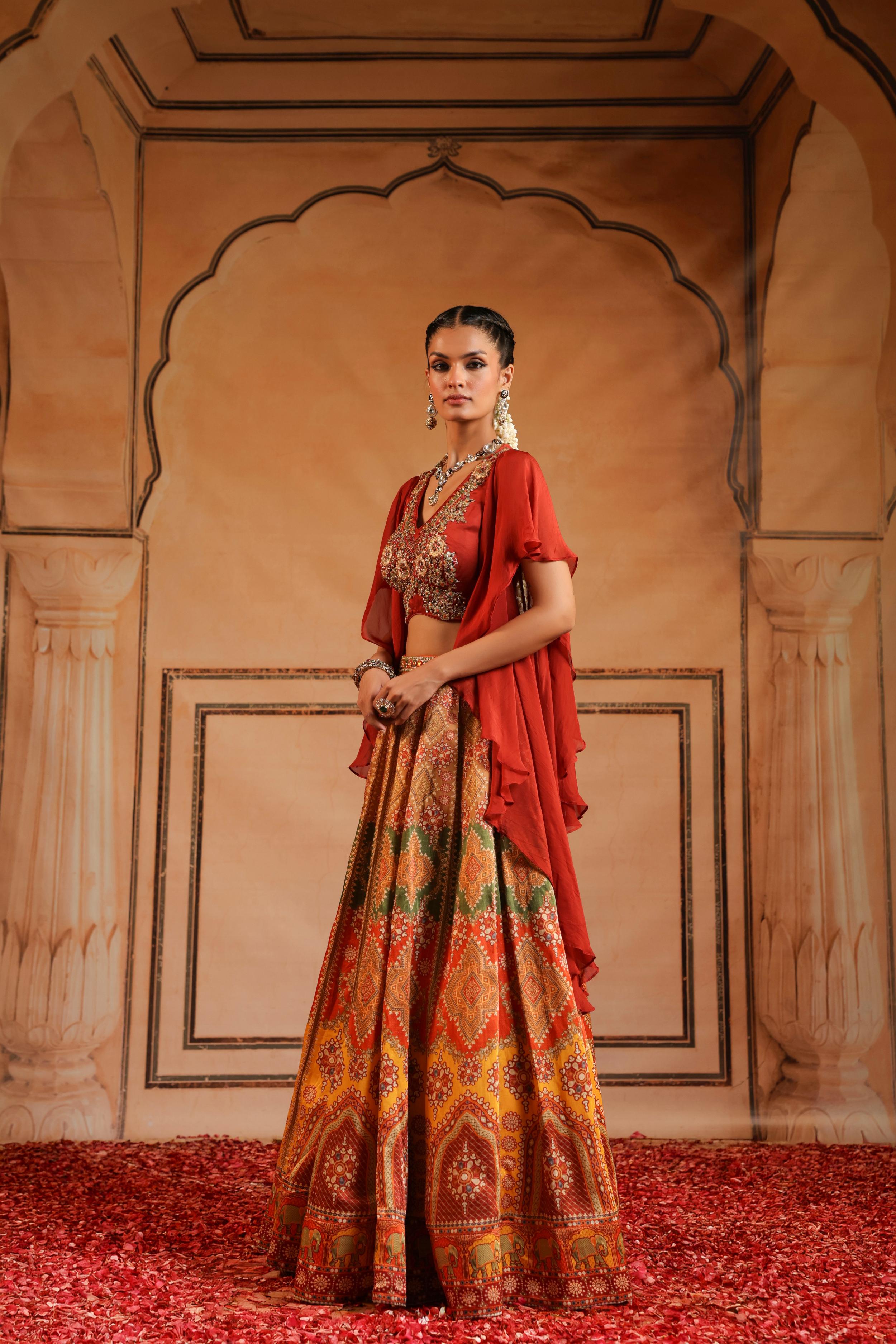 Multicolor Printed Satin Linen Silk Skirt Set