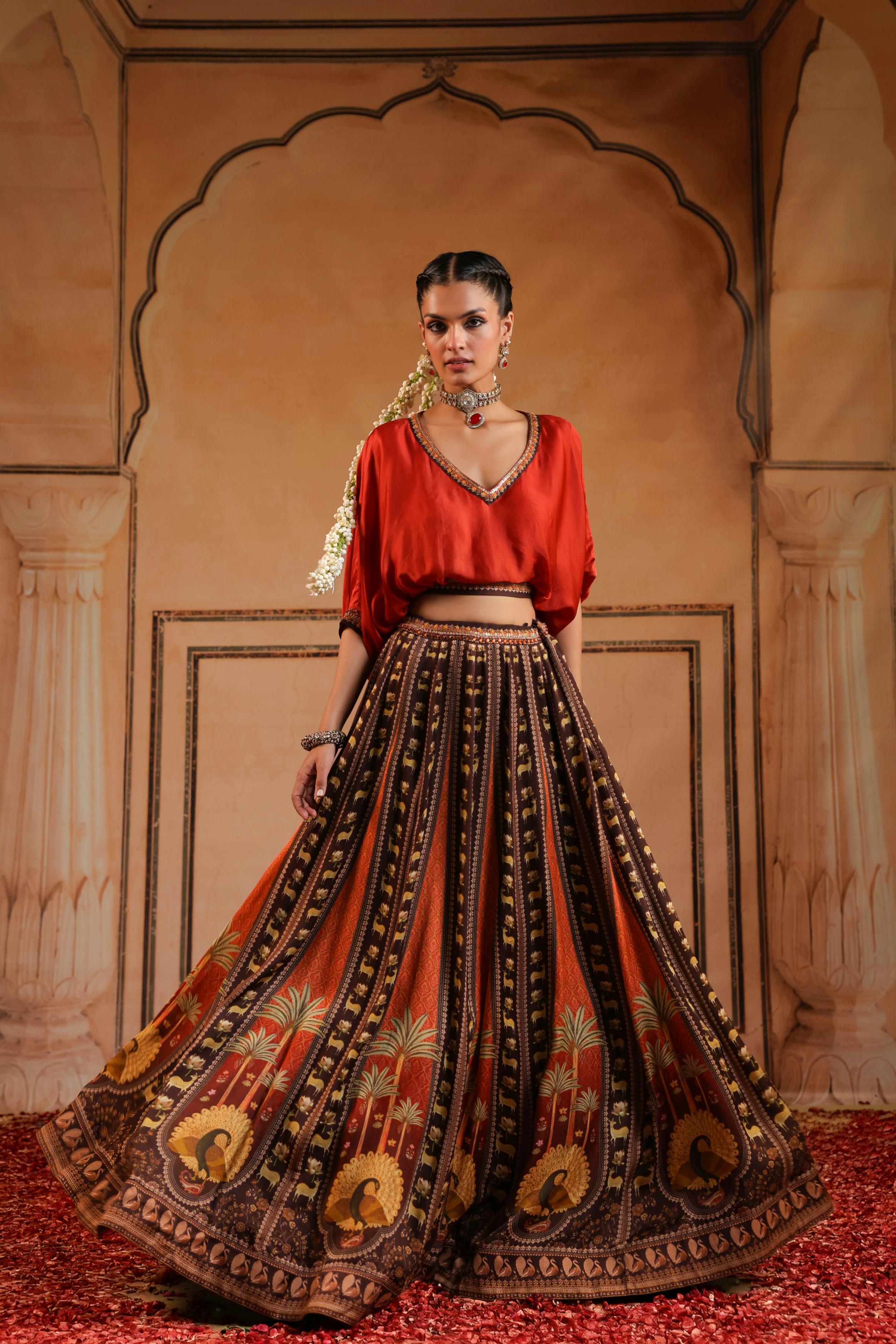 Multicolor Printed Satin Silk Skirt Set