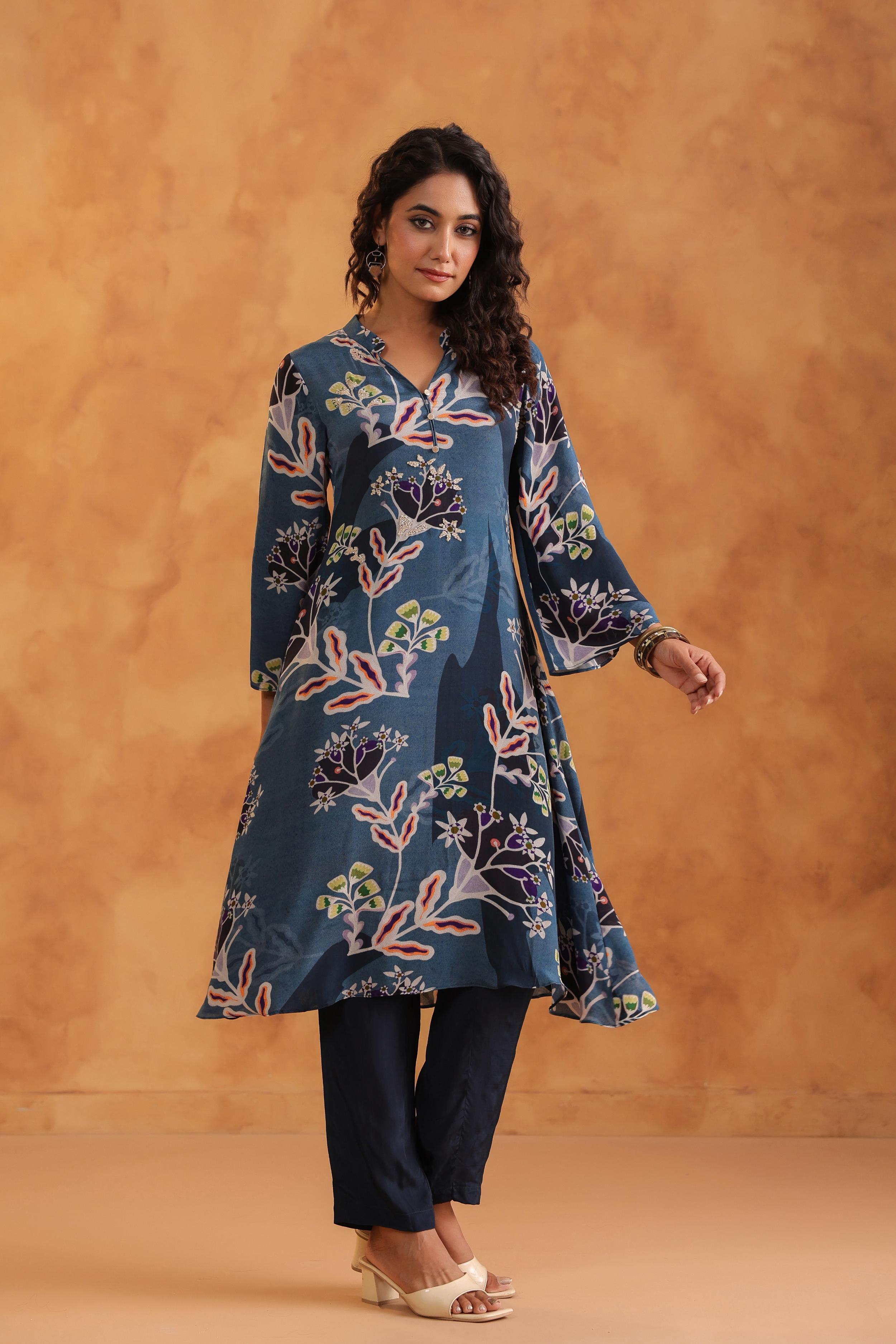 Indigo Printed Viscose Crepe Kurta Set
