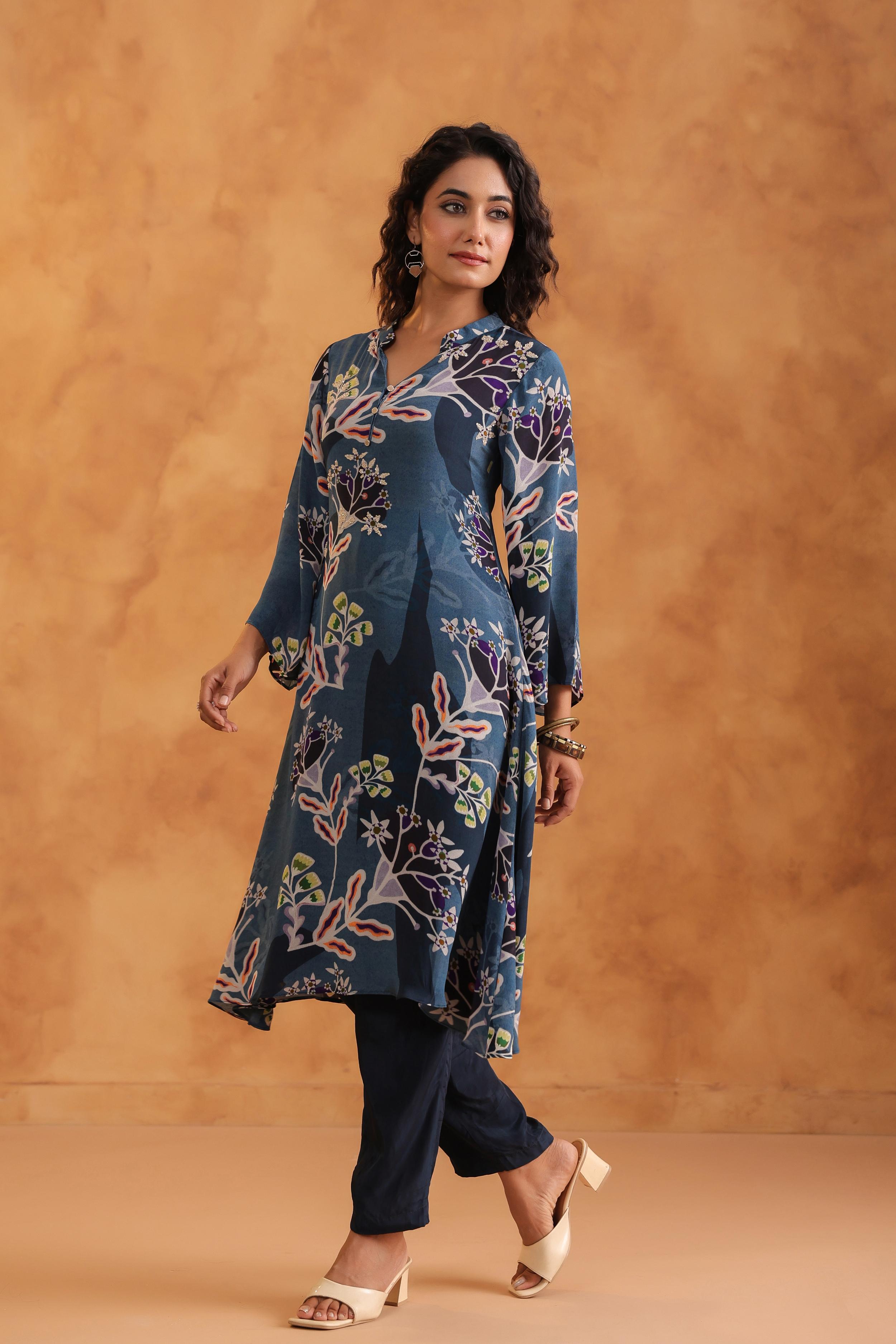Indigo Printed Viscose Crepe Kurta Set