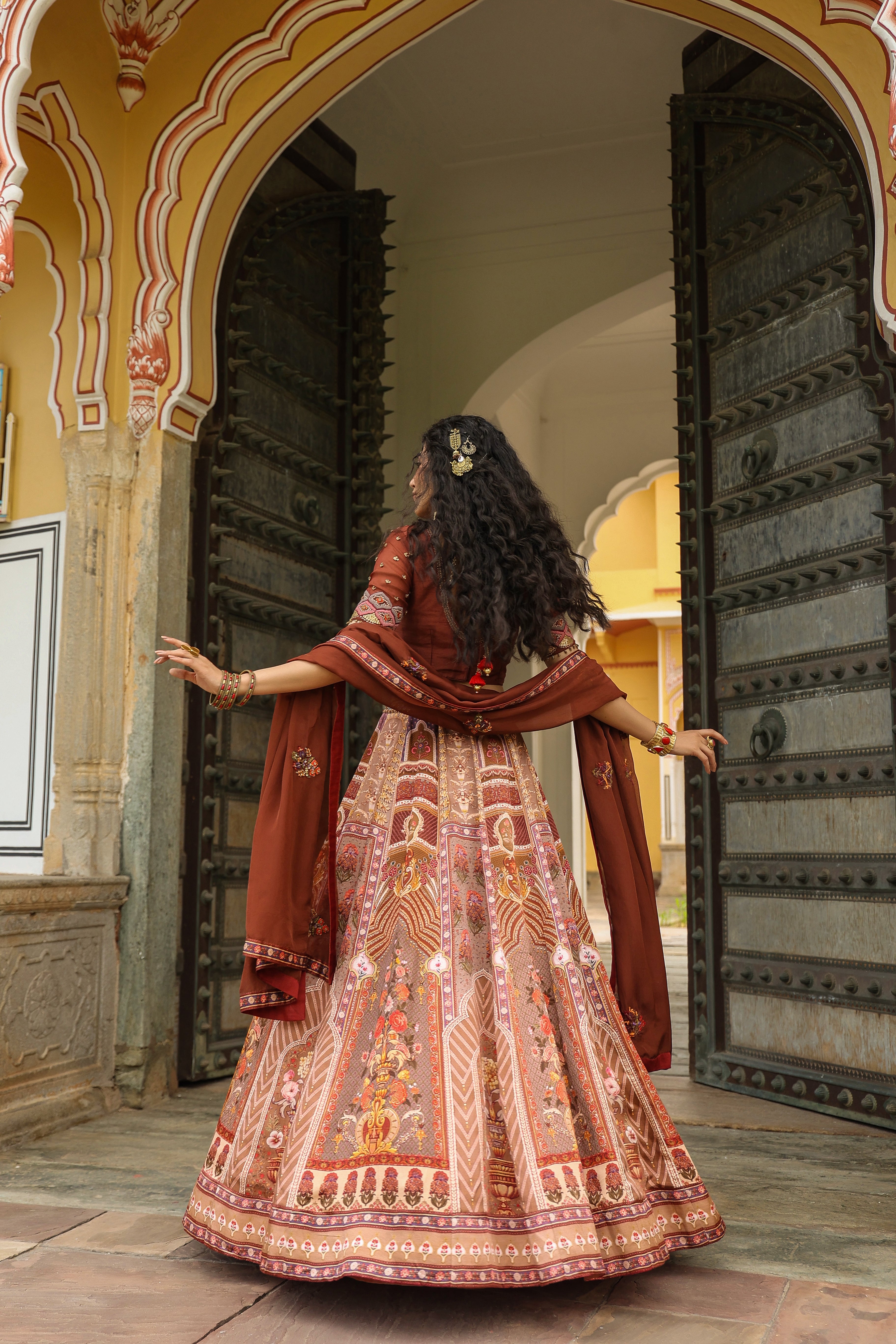 Moss Brown Traditional Printed Satin Silk Lehenga Set