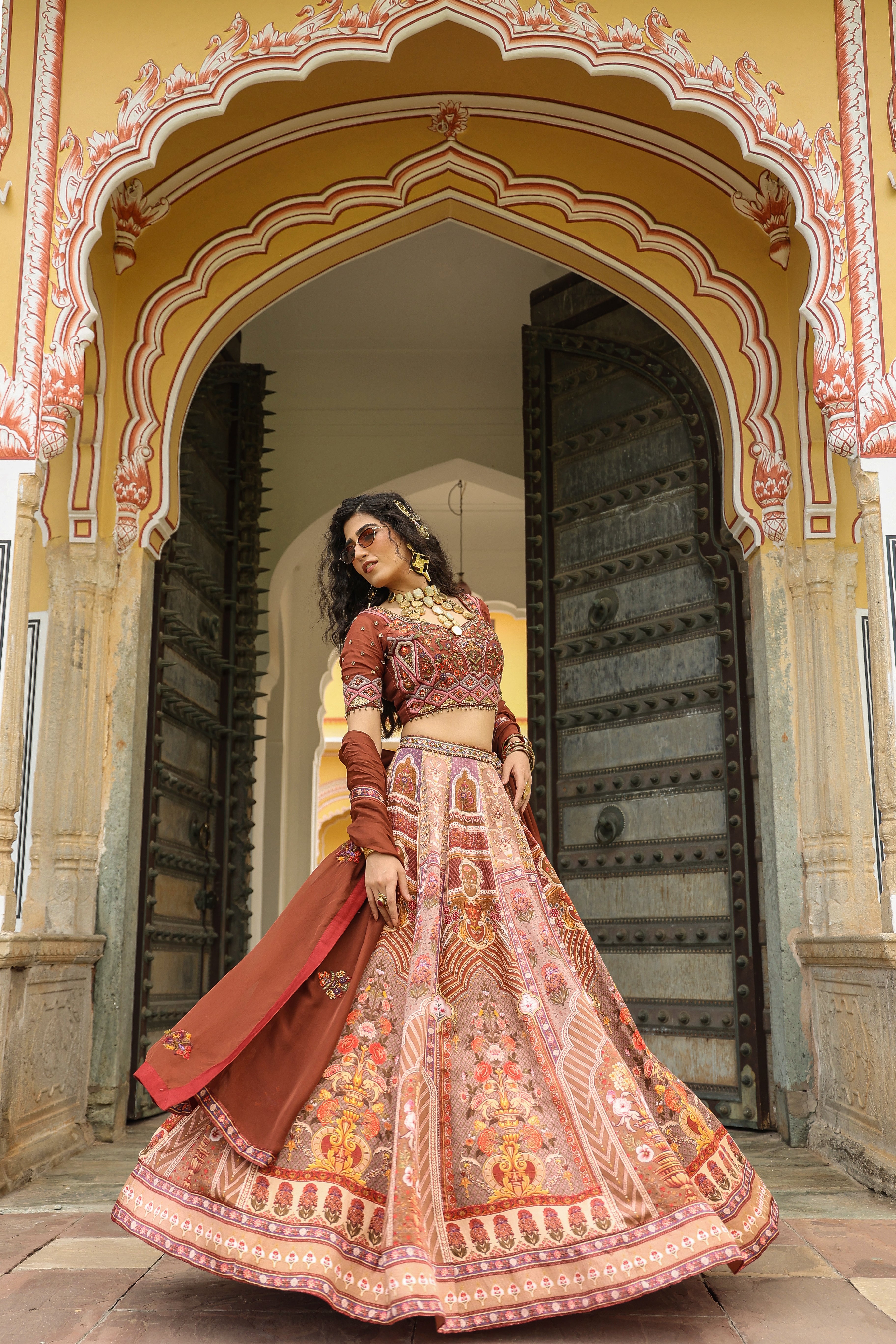 Moss Brown Traditional Printed Satin Silk Lehenga Set