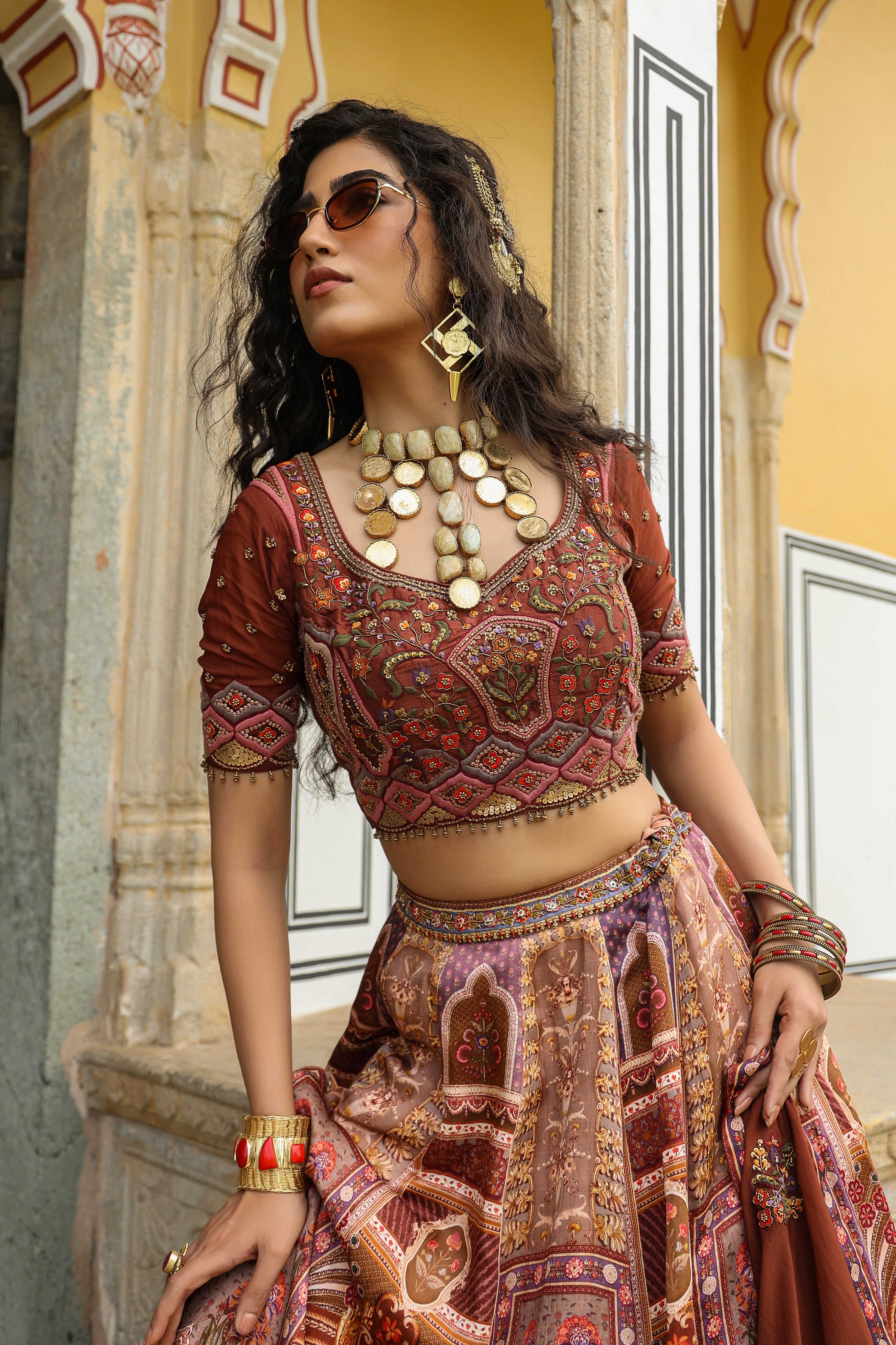 Moss Brown Traditional Printed Satin Silk Lehenga Set