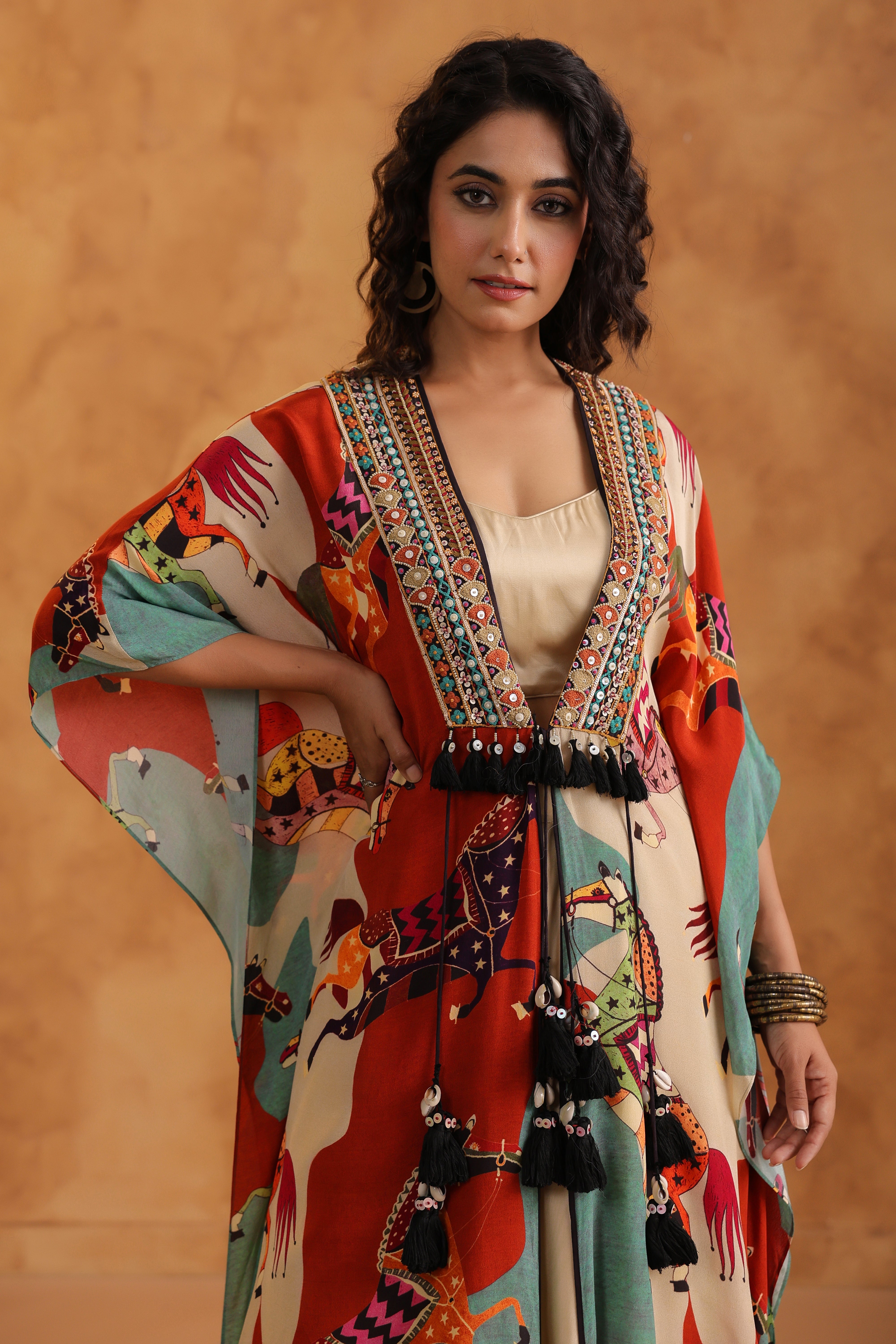 Creamy Beige Printed Viscose Crepe Cape Set