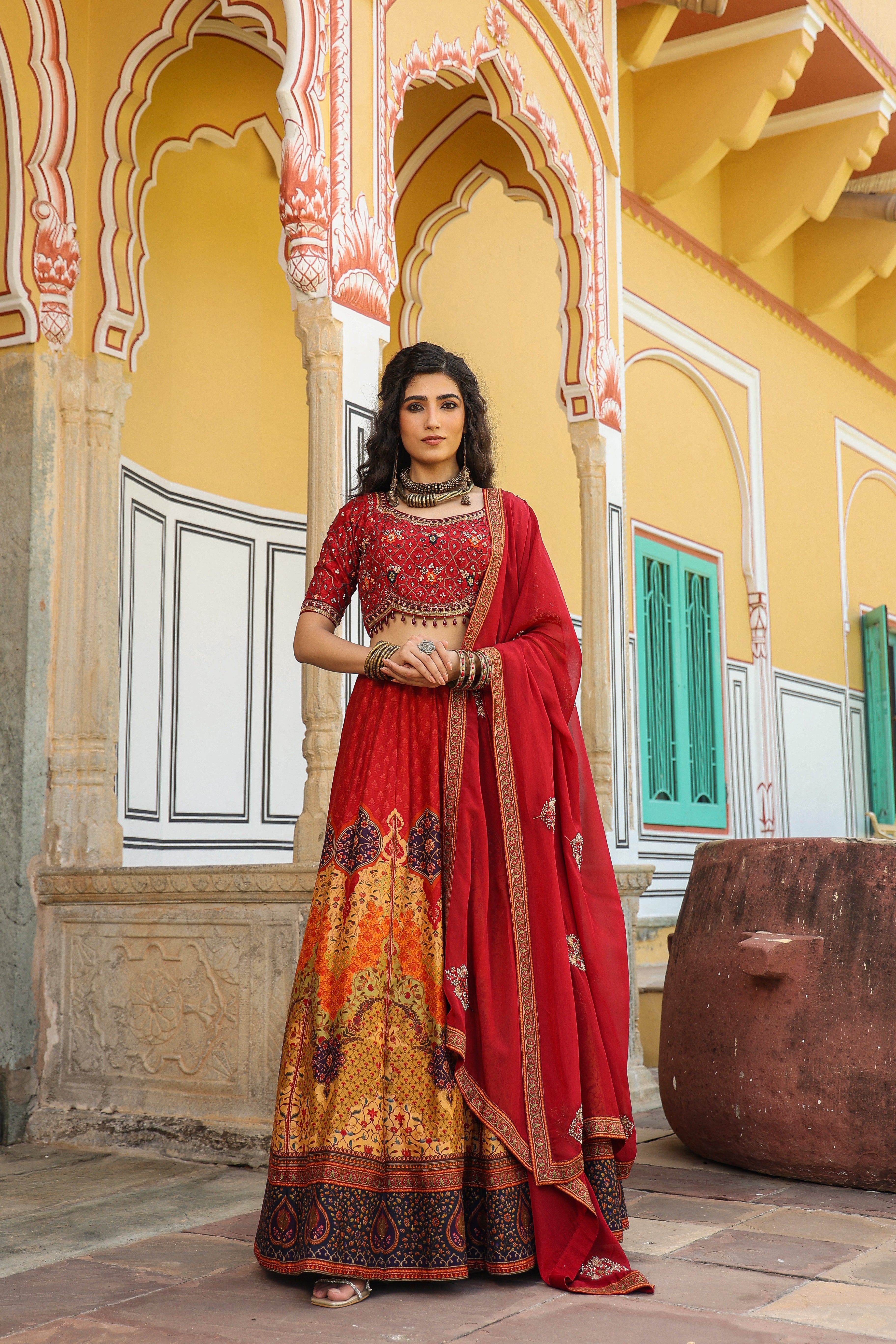 Ruby Red Printed Raw Silk Lehenga Set