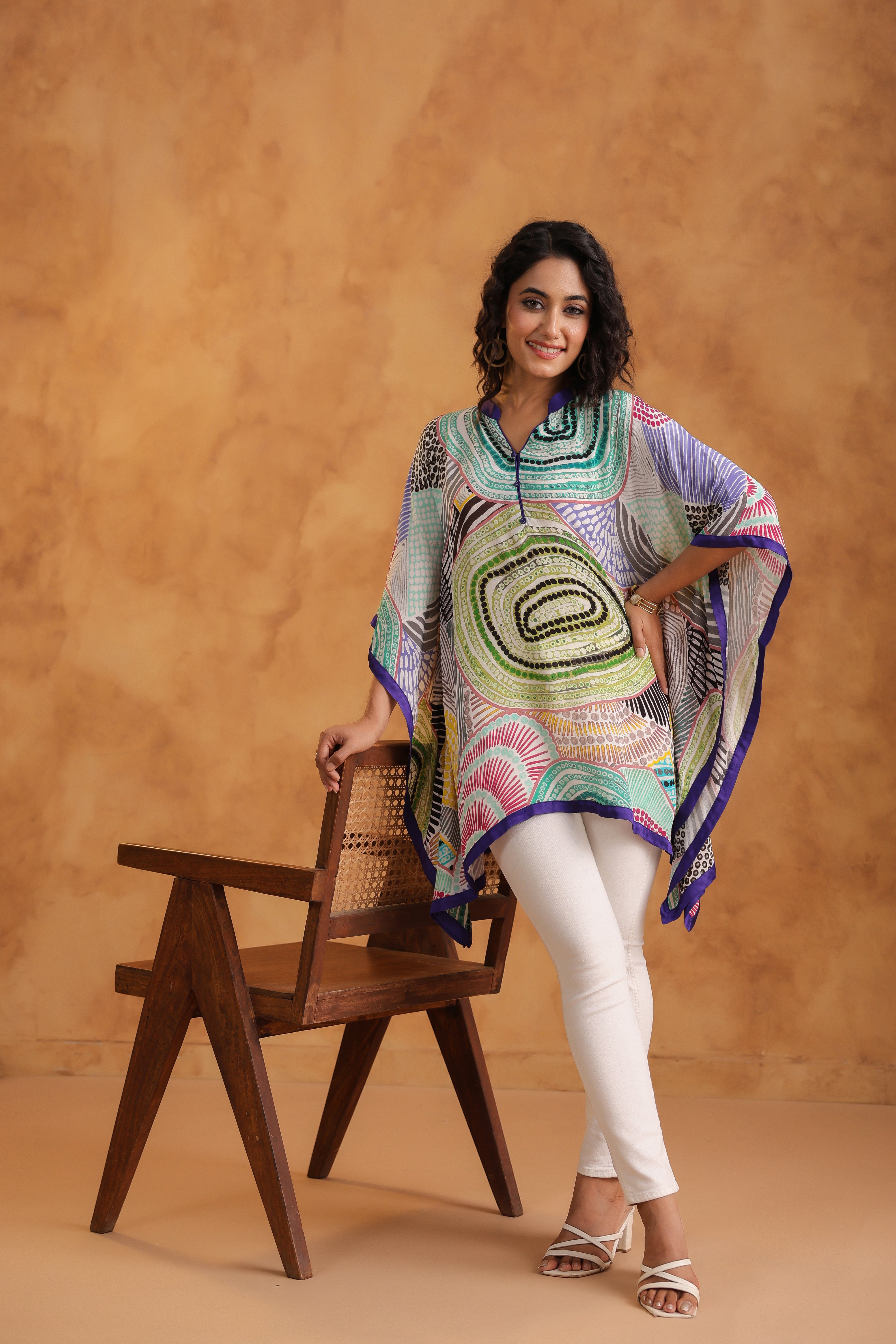 Multi-Color Printed Viscose Crepe Poncho Top