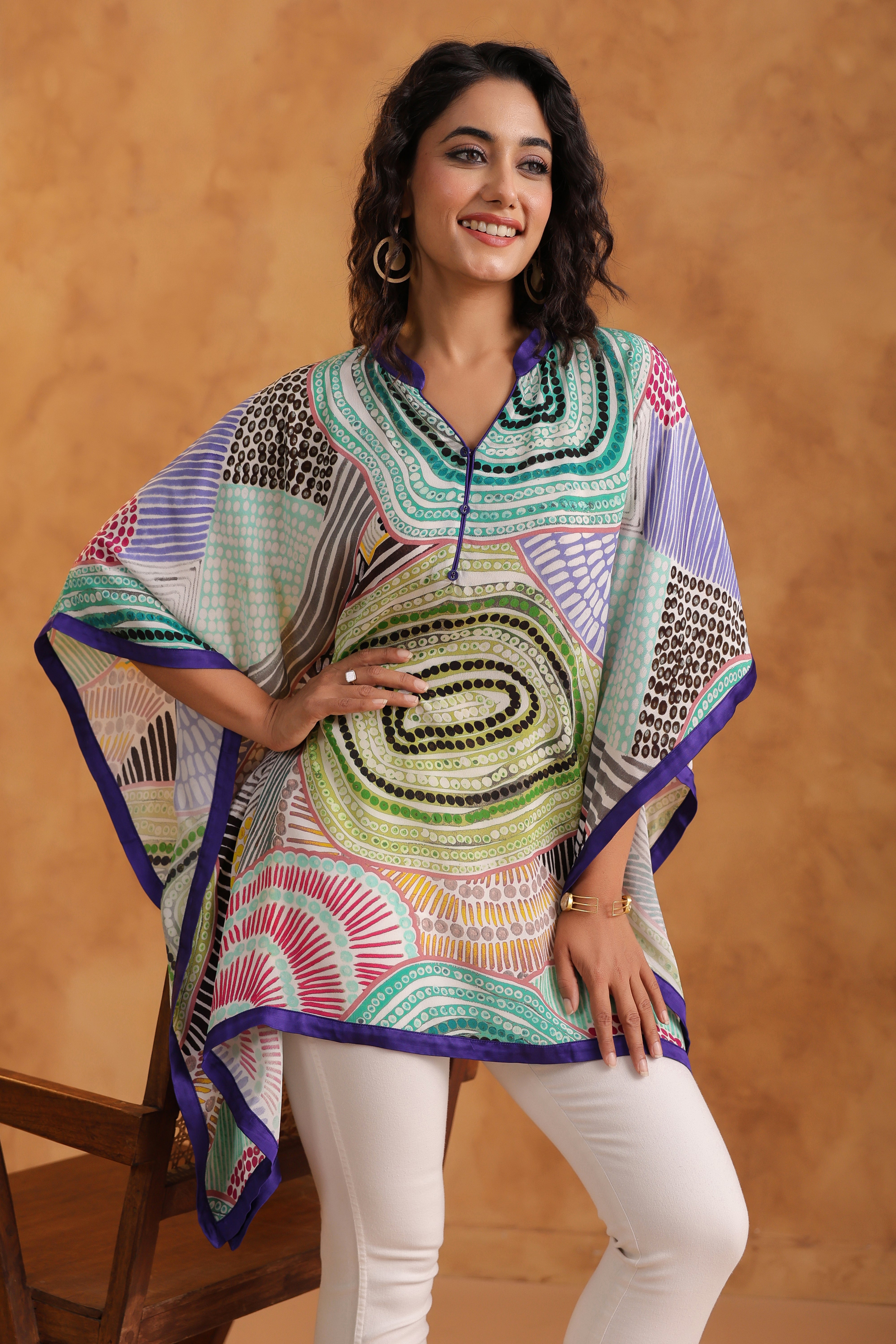 Multi-Color Printed Viscose Crepe Poncho Top