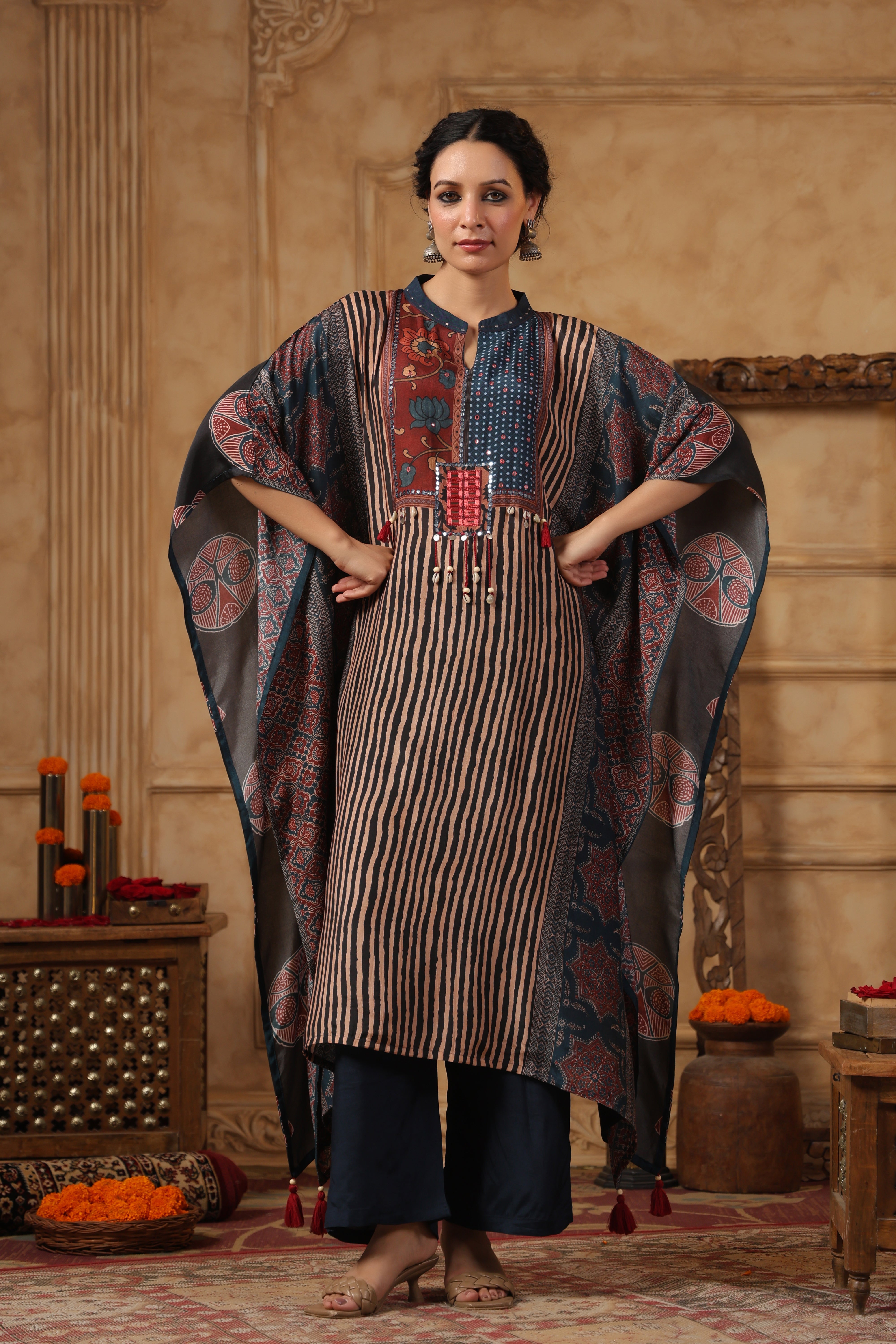 Indigo Blue Floral Printed Muslin Silk Kaftan Set