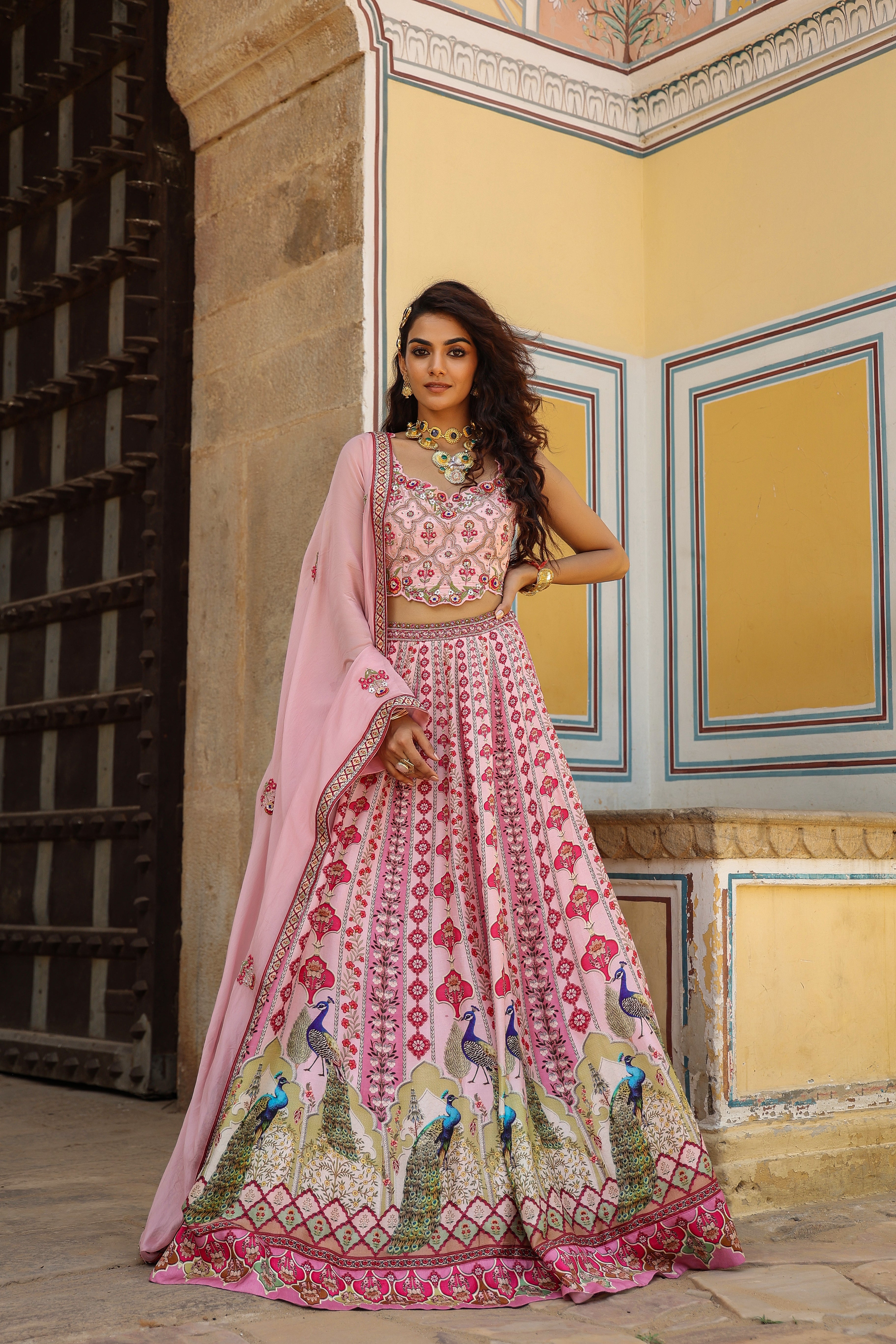 Light Pink Traditional Printed Raw Silk Lehenga Set