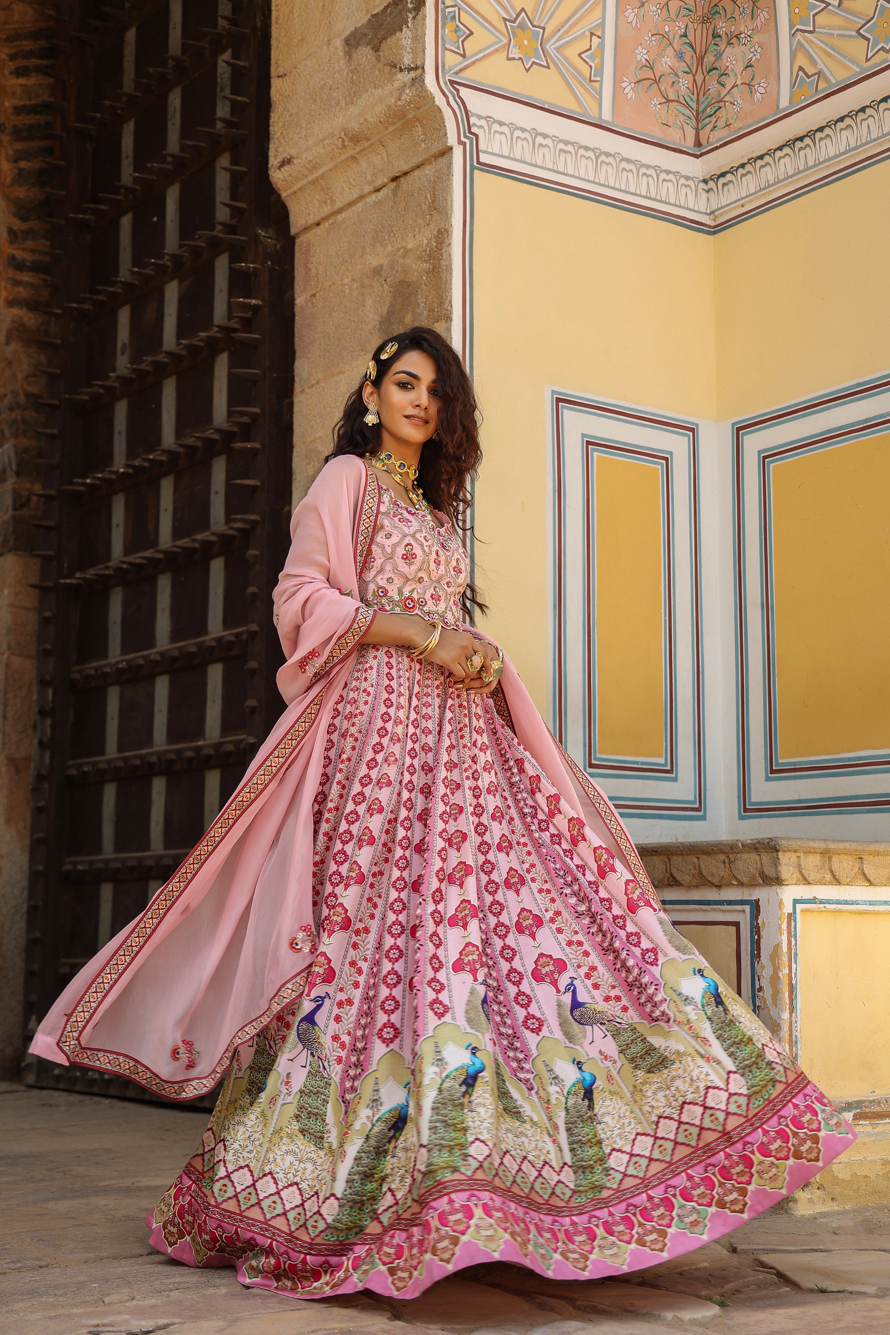 Light Pink Traditional Printed Raw Silk Lehenga Set