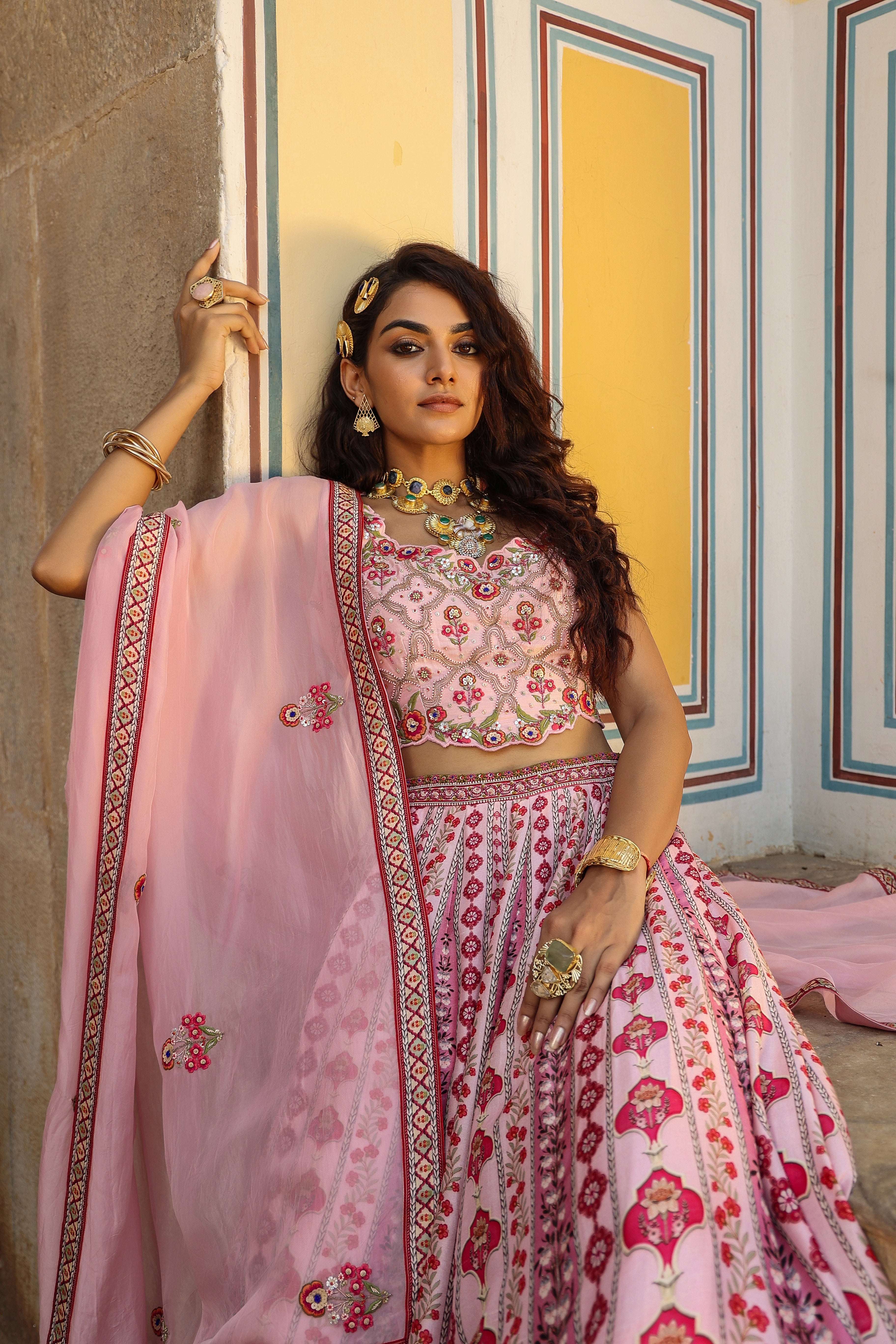 Light Pink Traditional Printed Raw Silk Lehenga Set