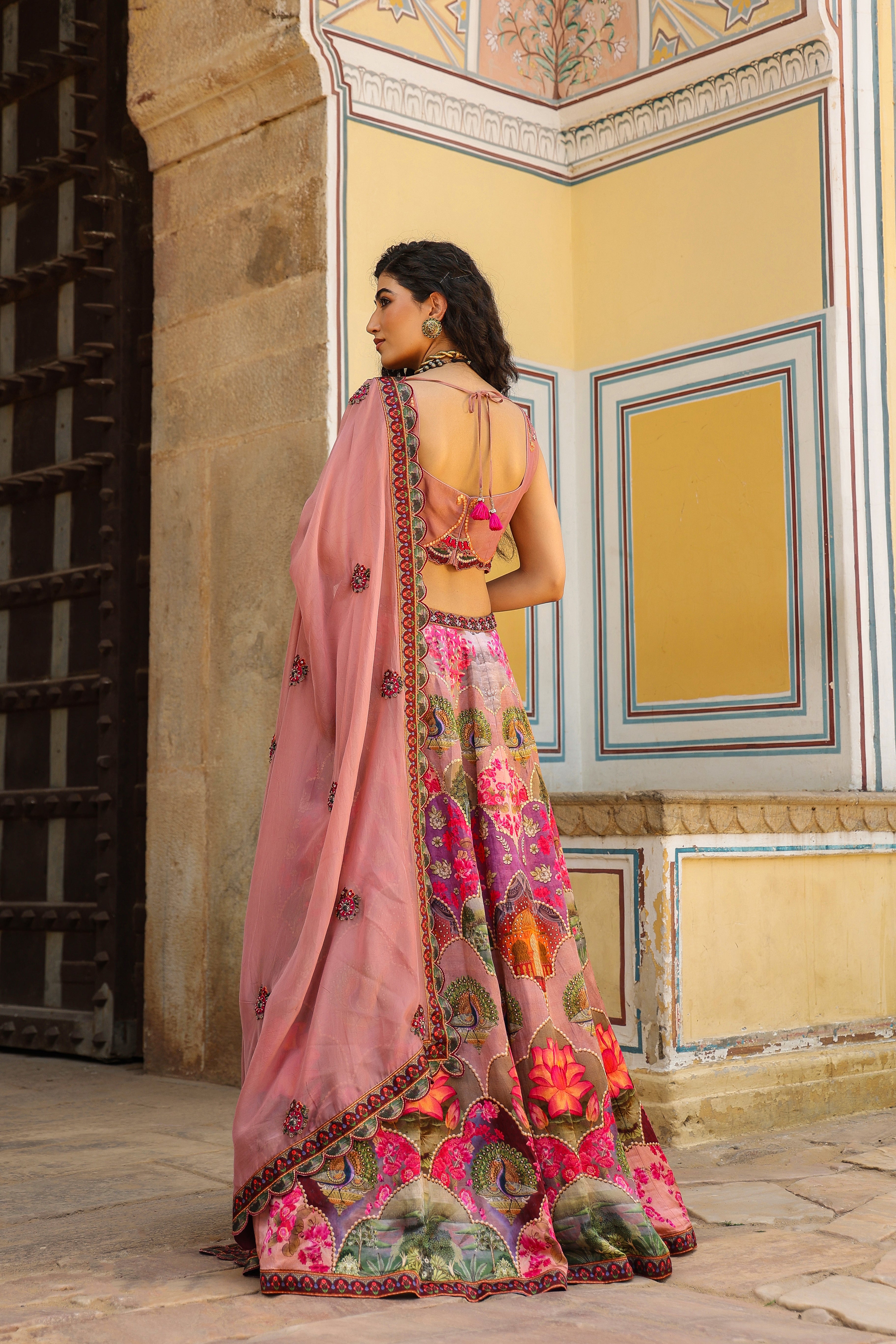 Pink Traditional Printed Satin Silk Lehenga Set