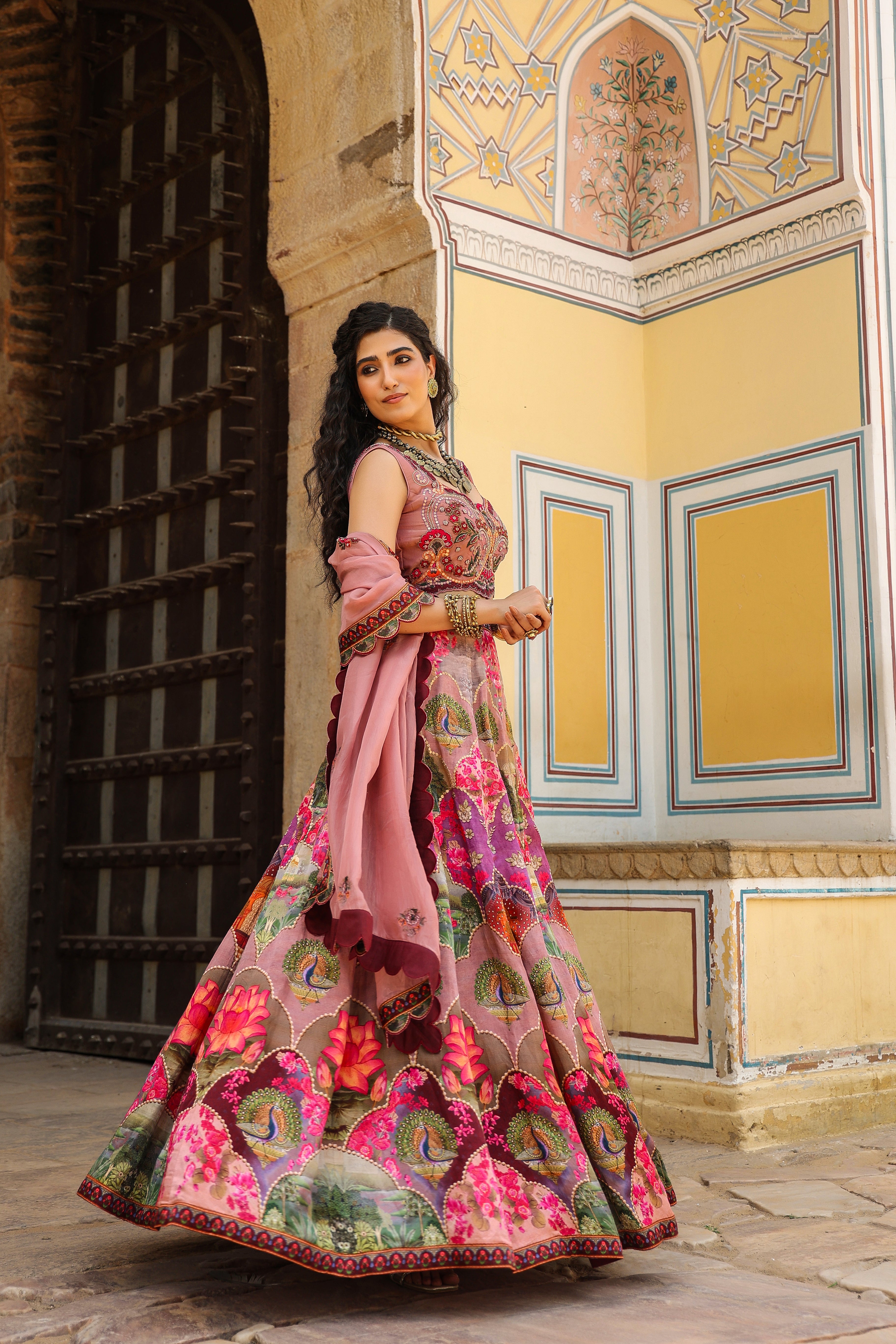 Pink Traditional Printed Satin Silk Lehenga Set