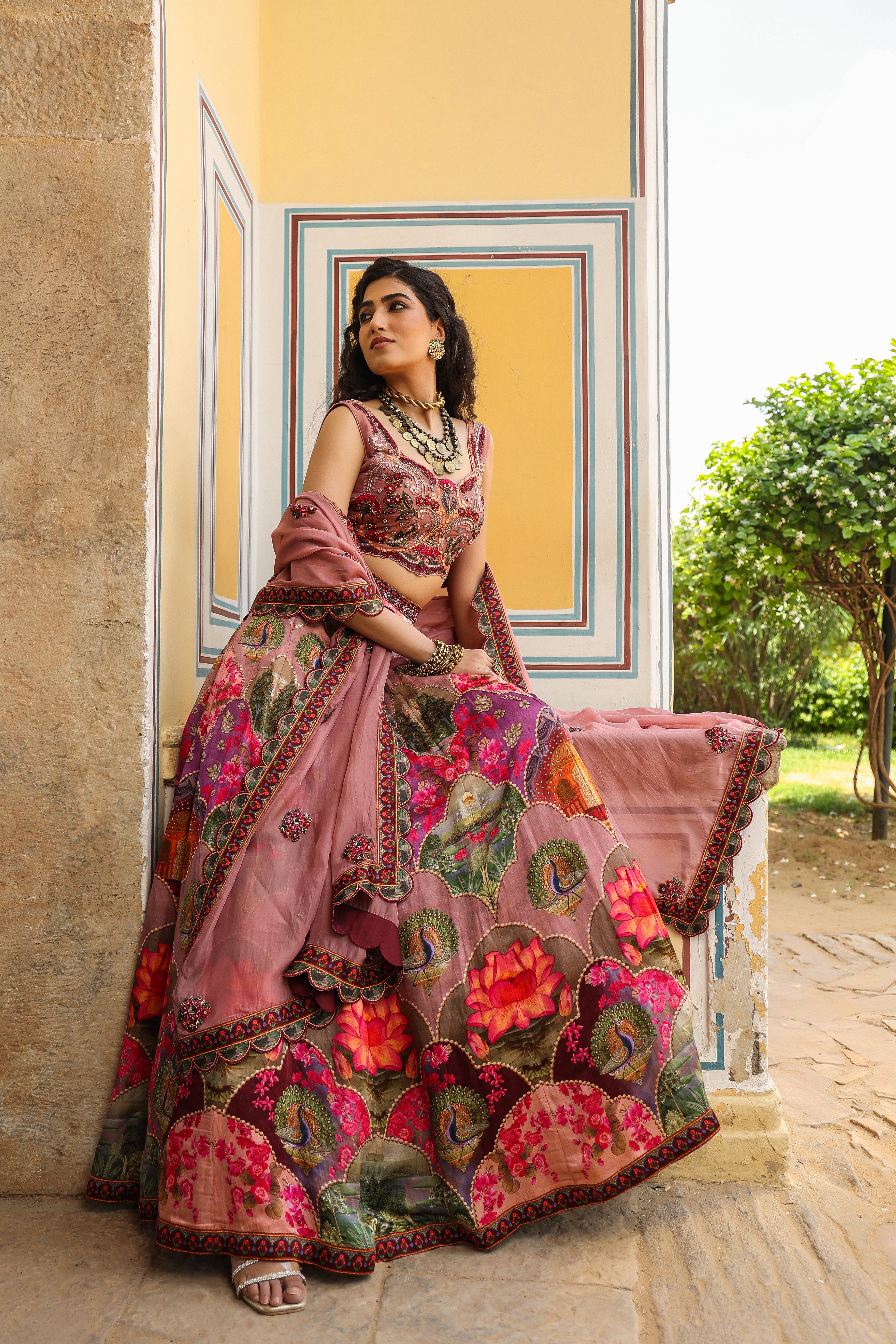 Pink Traditional Printed Satin Silk Lehenga Set