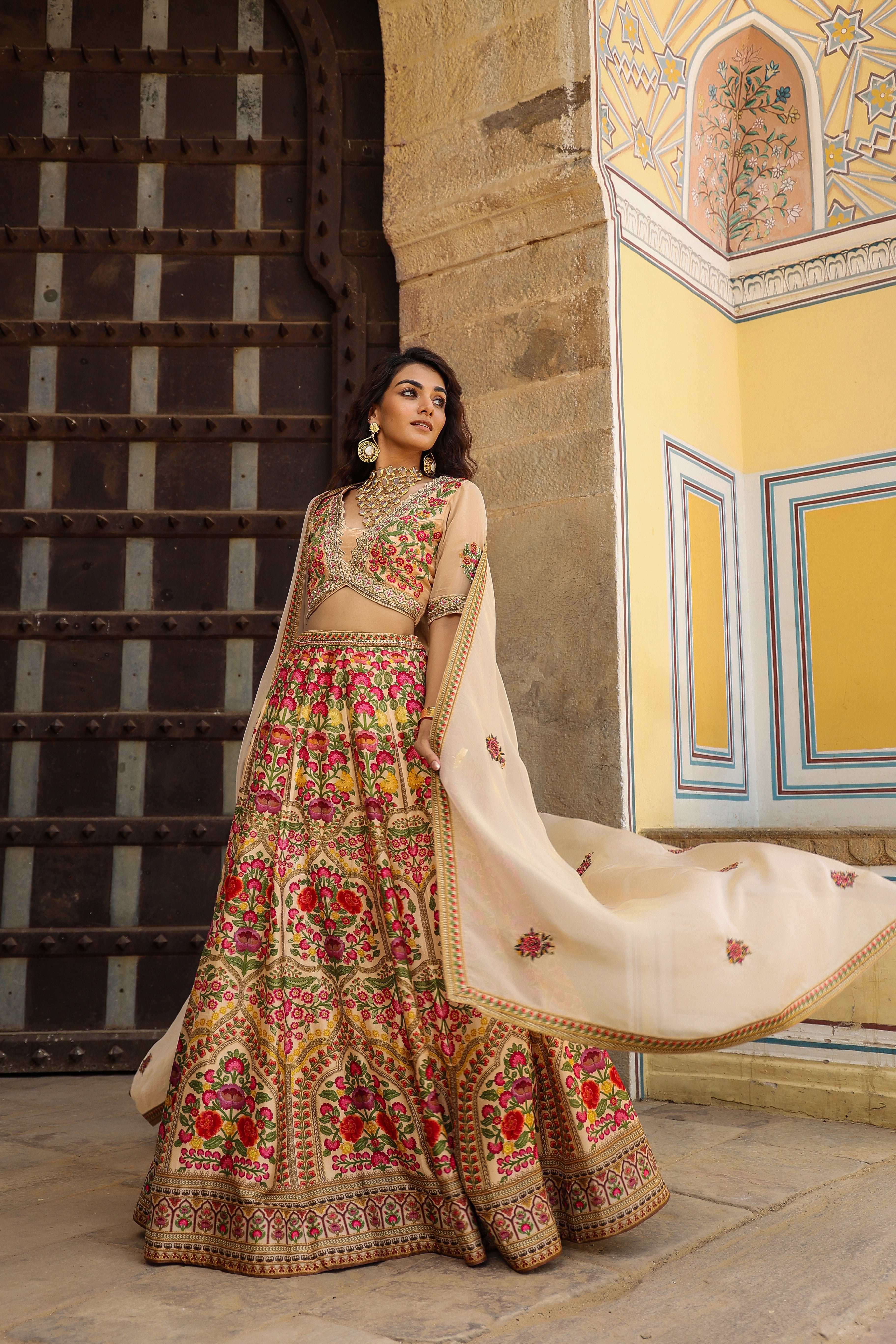 Light Peach Traditional Printed Raw Silk Lehenga Set