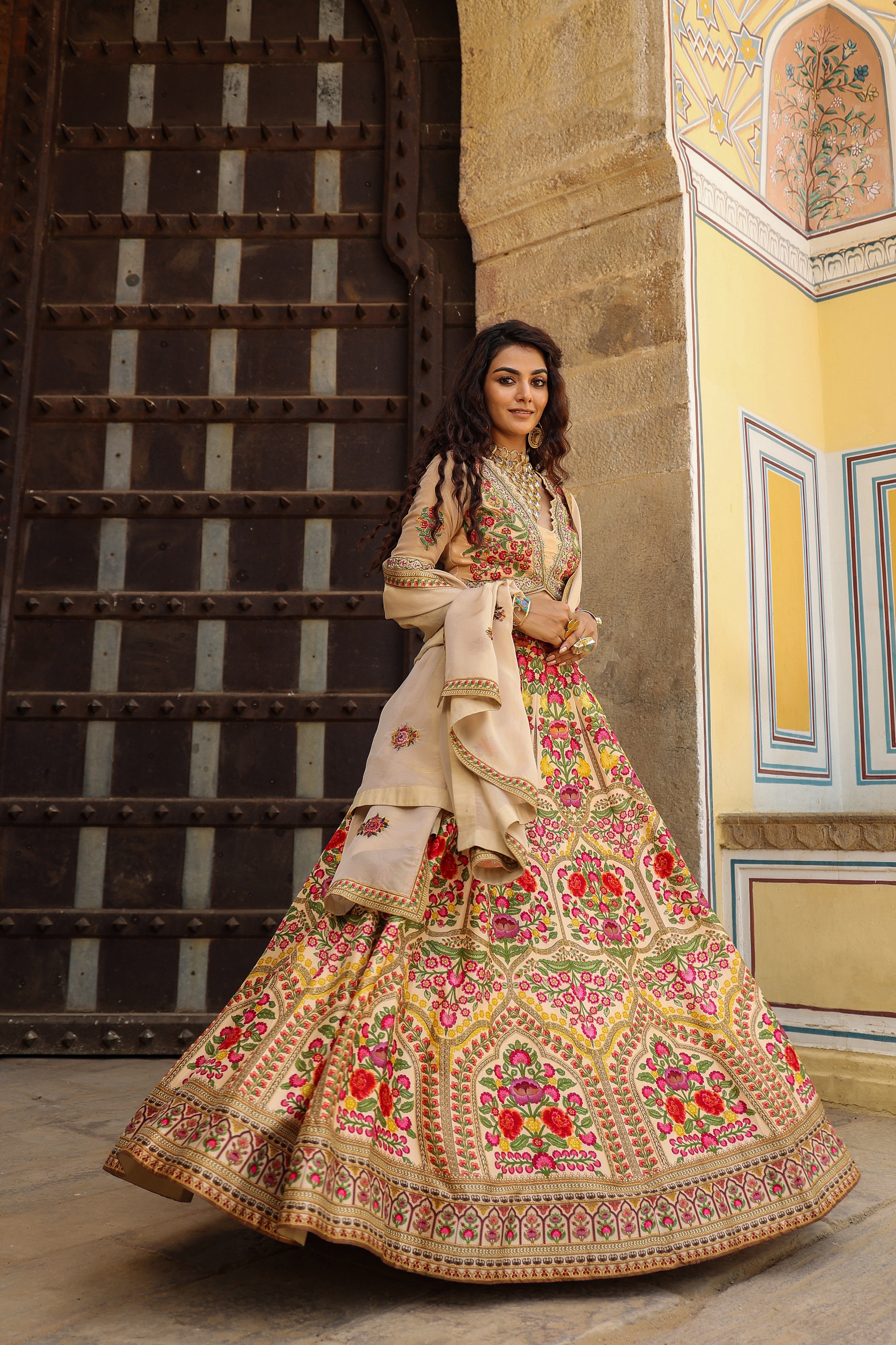 Light Peach Traditional Printed Raw Silk Lehenga Set