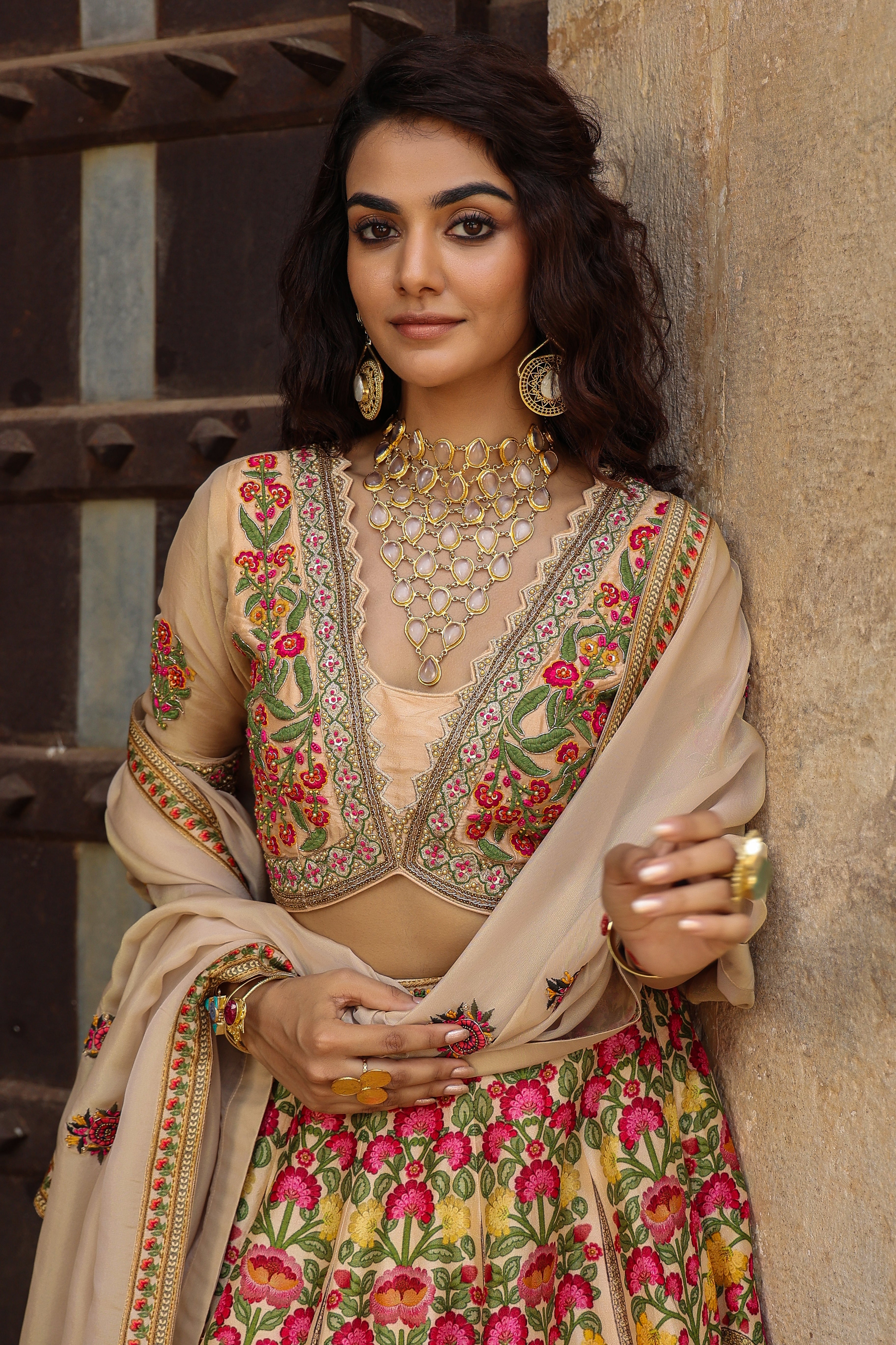 Light Peach Traditional Printed Raw Silk Lehenga Set