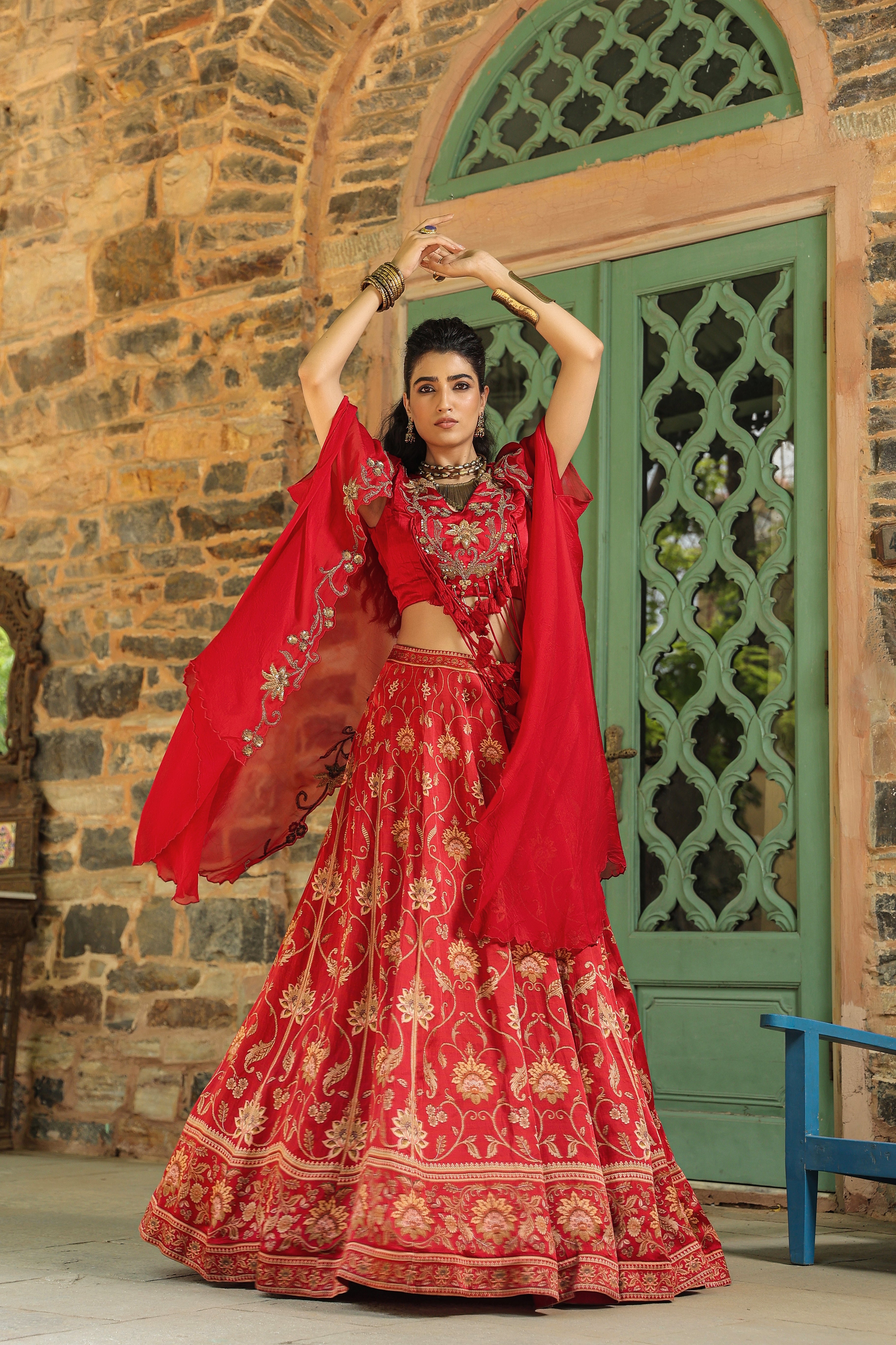 Vibrant Red Traditional Printed Satin Silk Lehenga Set