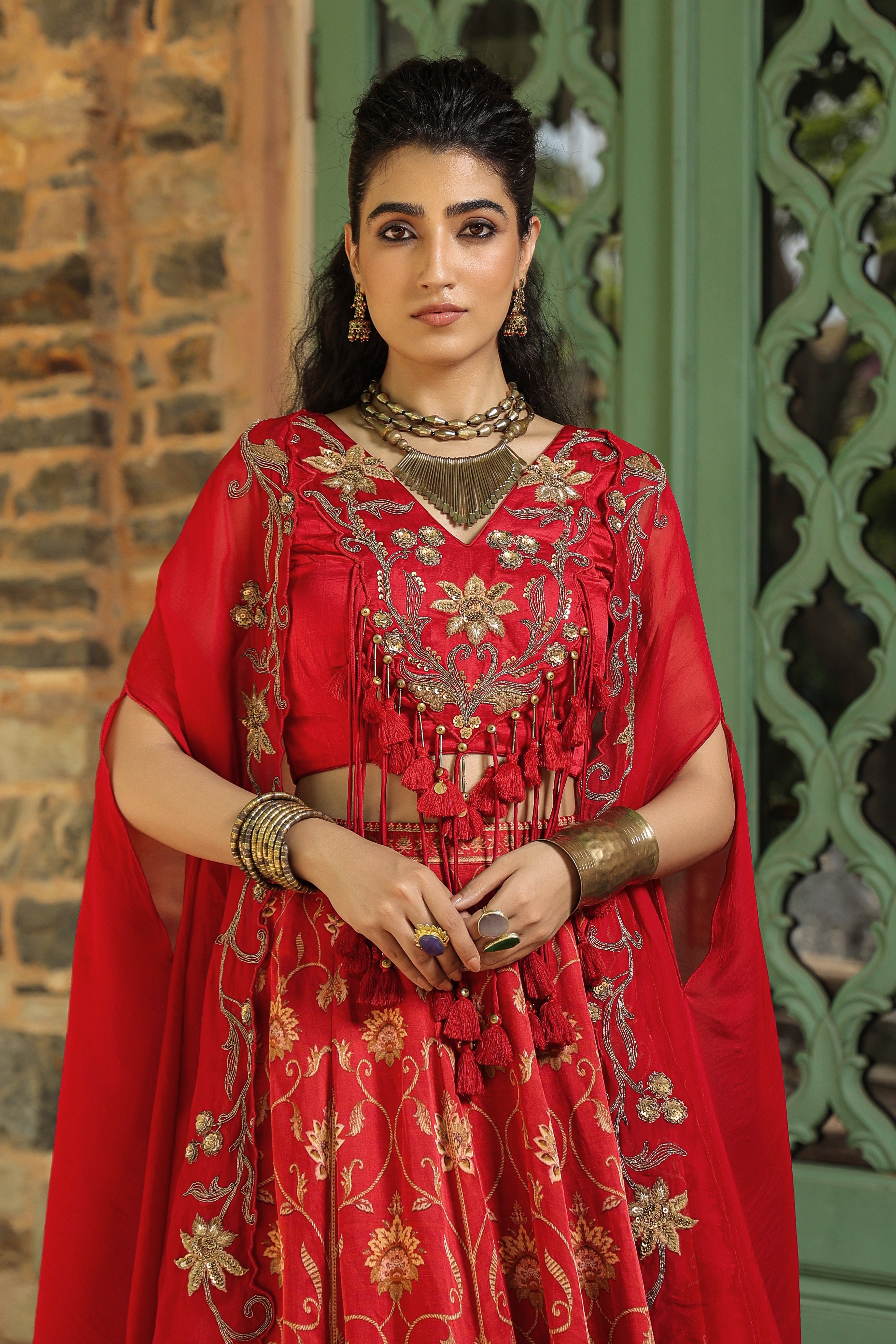 Vibrant Red Traditional Printed Satin Silk Lehenga Set