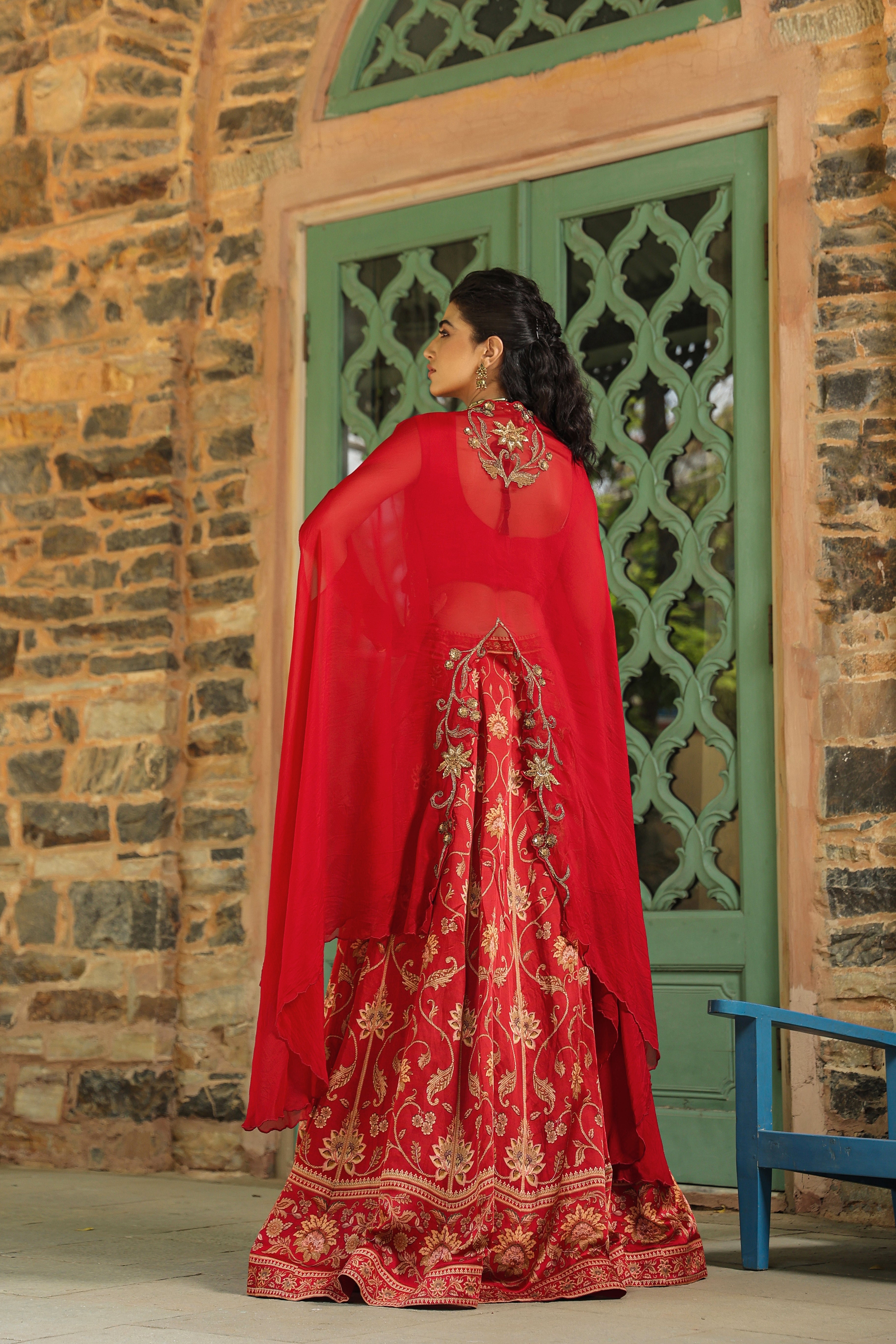 Vibrant Red Traditional Printed Satin Silk Lehenga Set