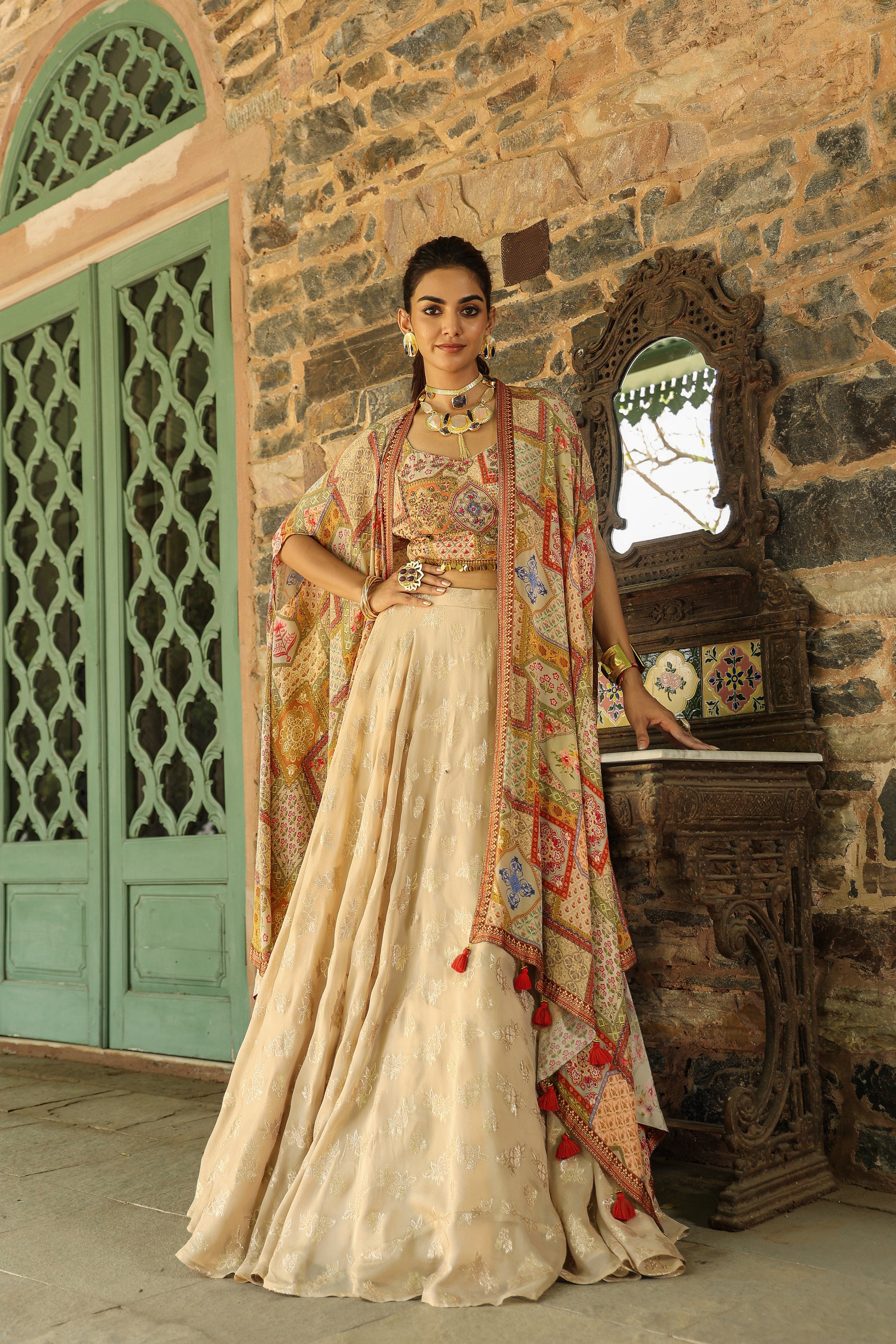 Beige Embroidered Premium Organza Silk Cape Lehenga