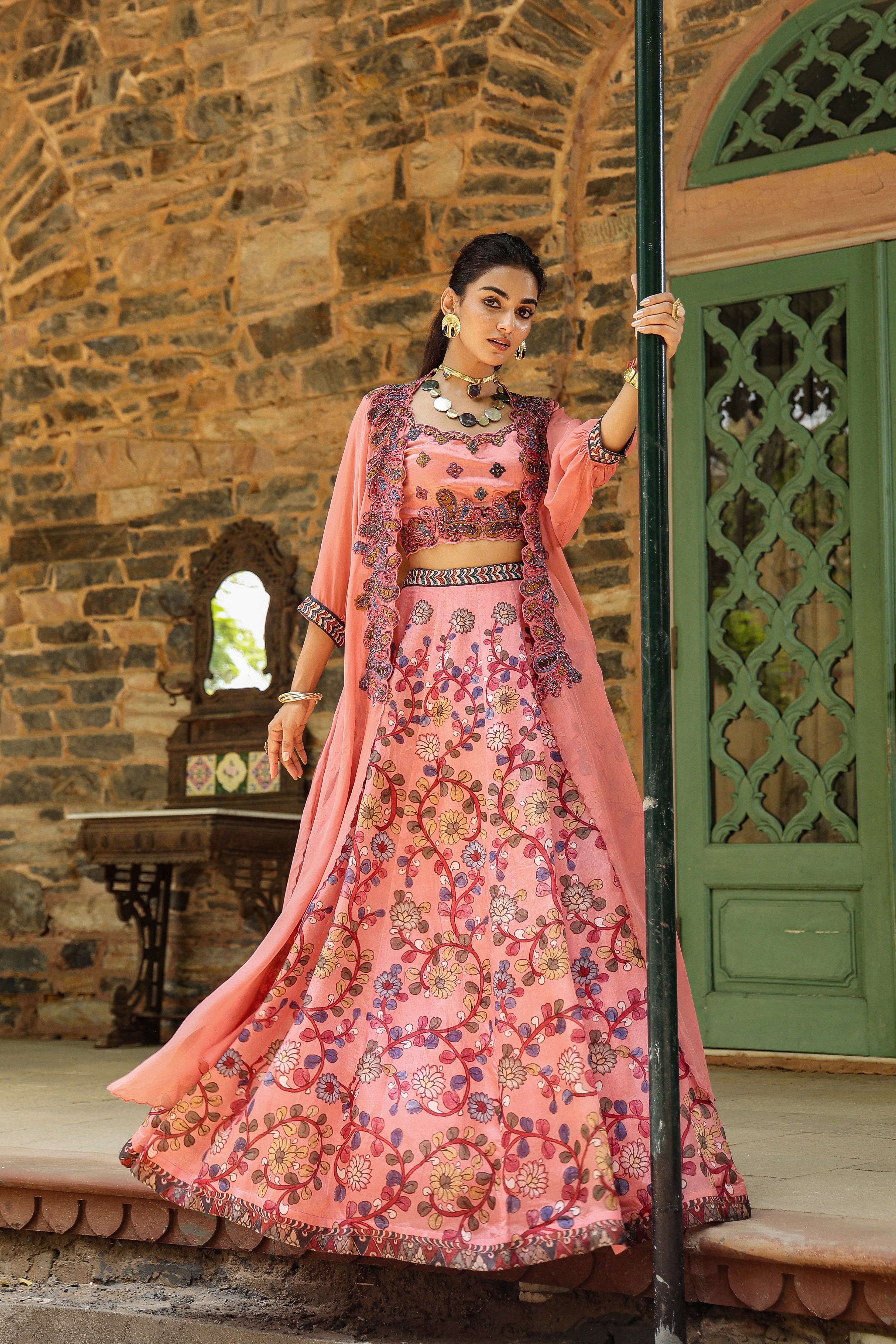 Peach Kalamkari Printed Organza Silk Cape Lehenga