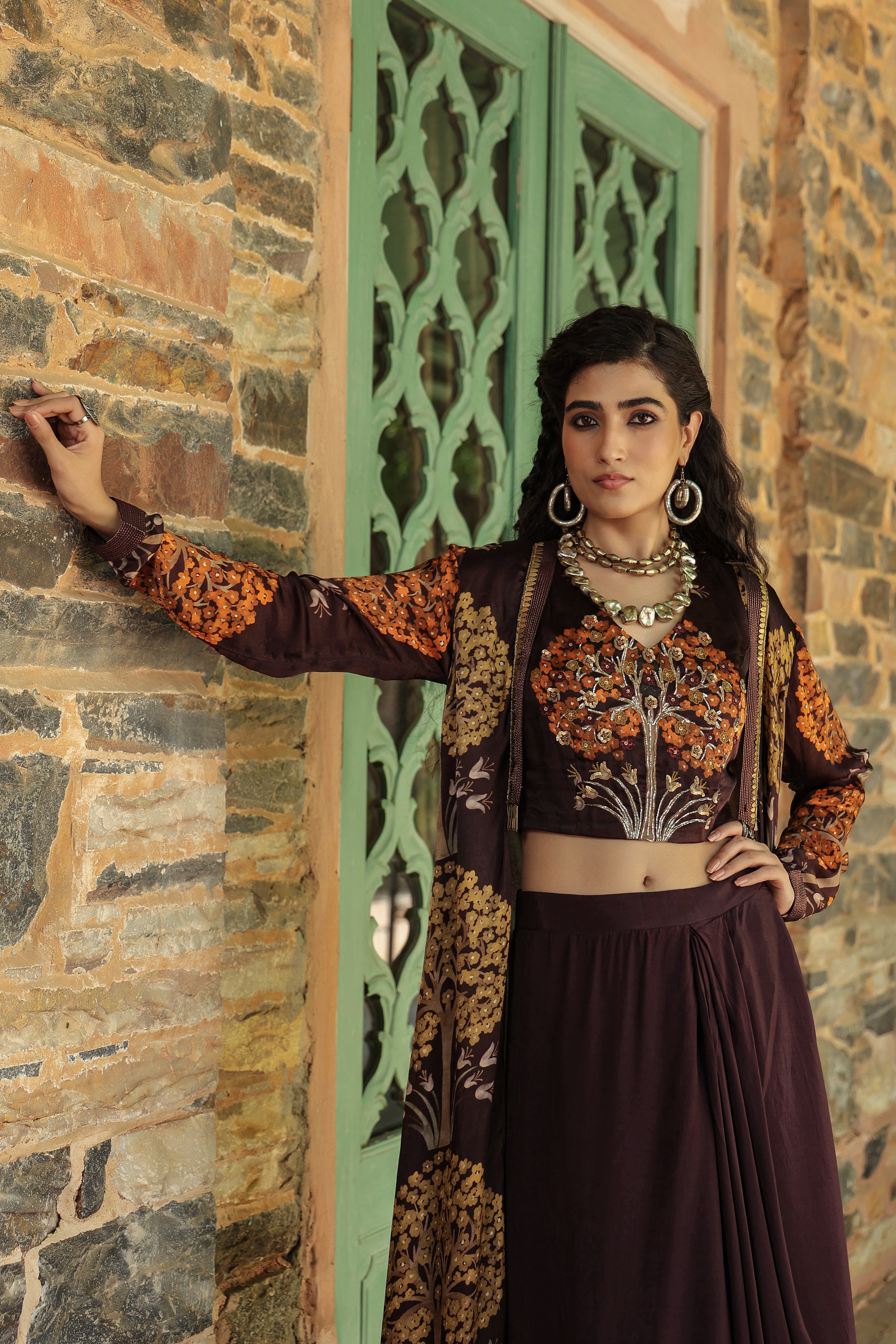 Copper Brown Printed Modal Satin Silk Cape Set